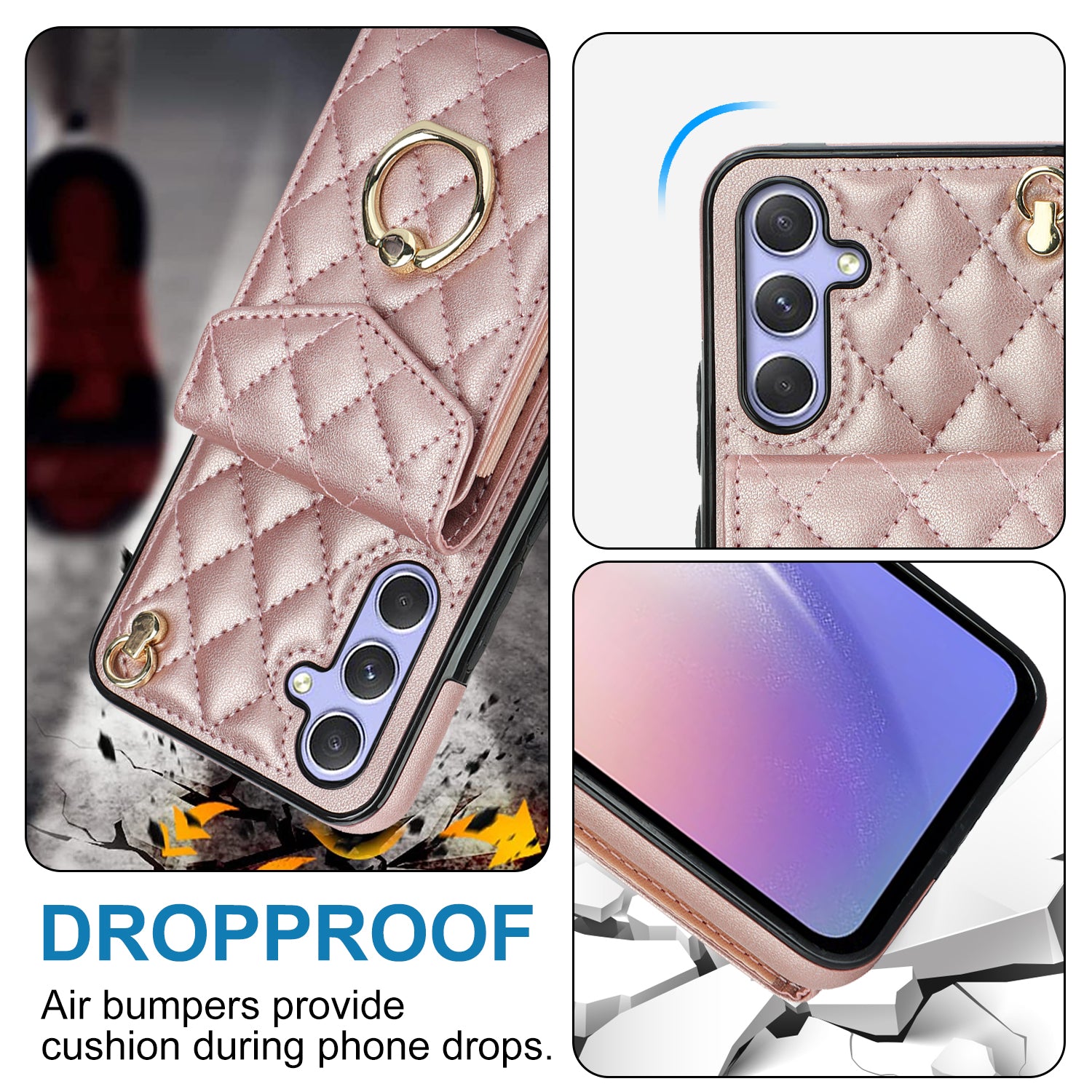 For Samsung Galaxy S24 Case Card Bag Leather+TPU Crossbody Cover with Ring Kickstand - Rose Gold