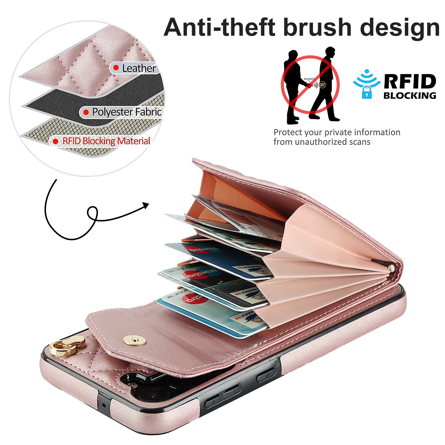 For Samsung Galaxy S24 Case Card Bag Leather+TPU Crossbody Cover with Ring Kickstand - Rose Gold