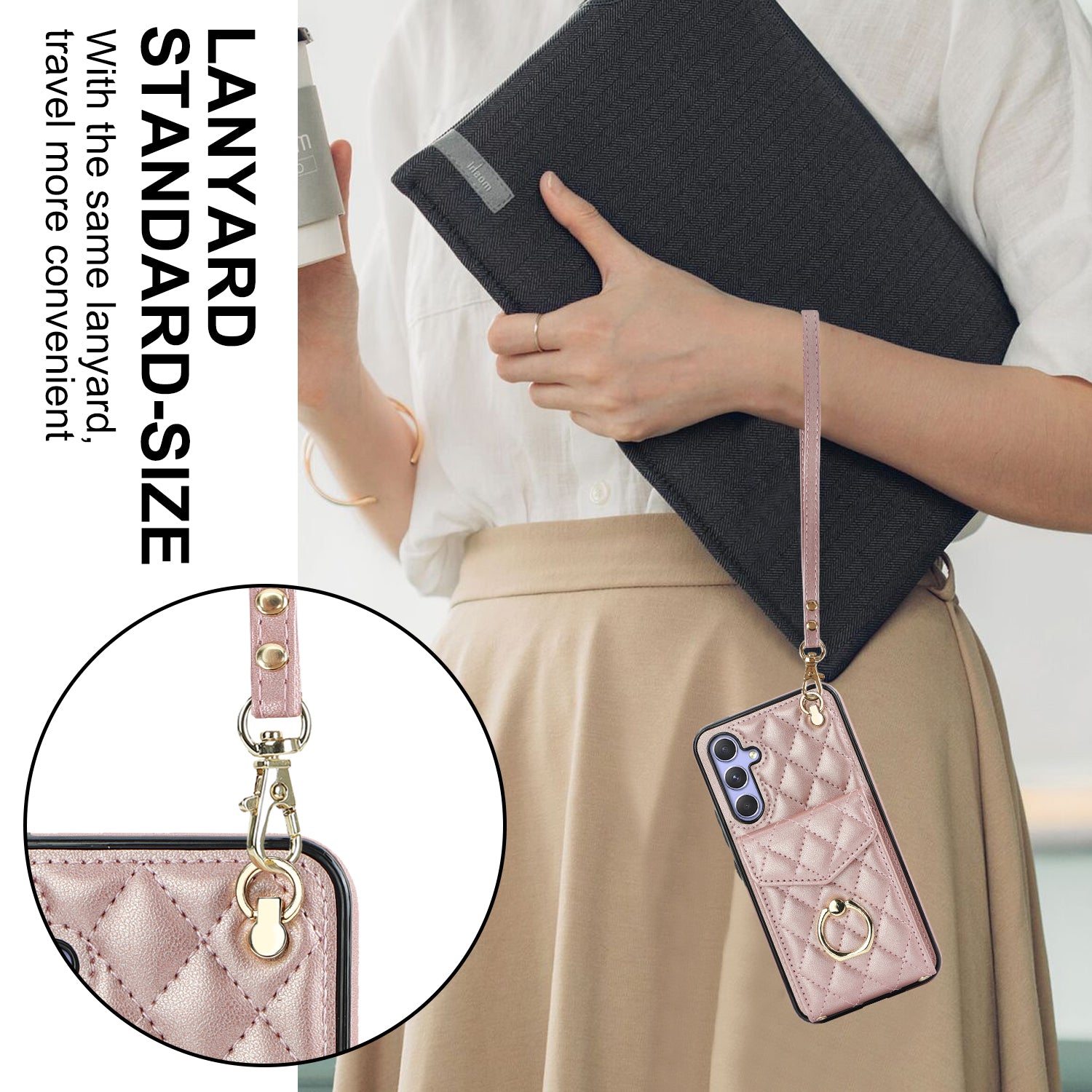 For Samsung Galaxy S24 Case Card Bag Leather+TPU Crossbody Cover with Ring Kickstand - Rose Gold