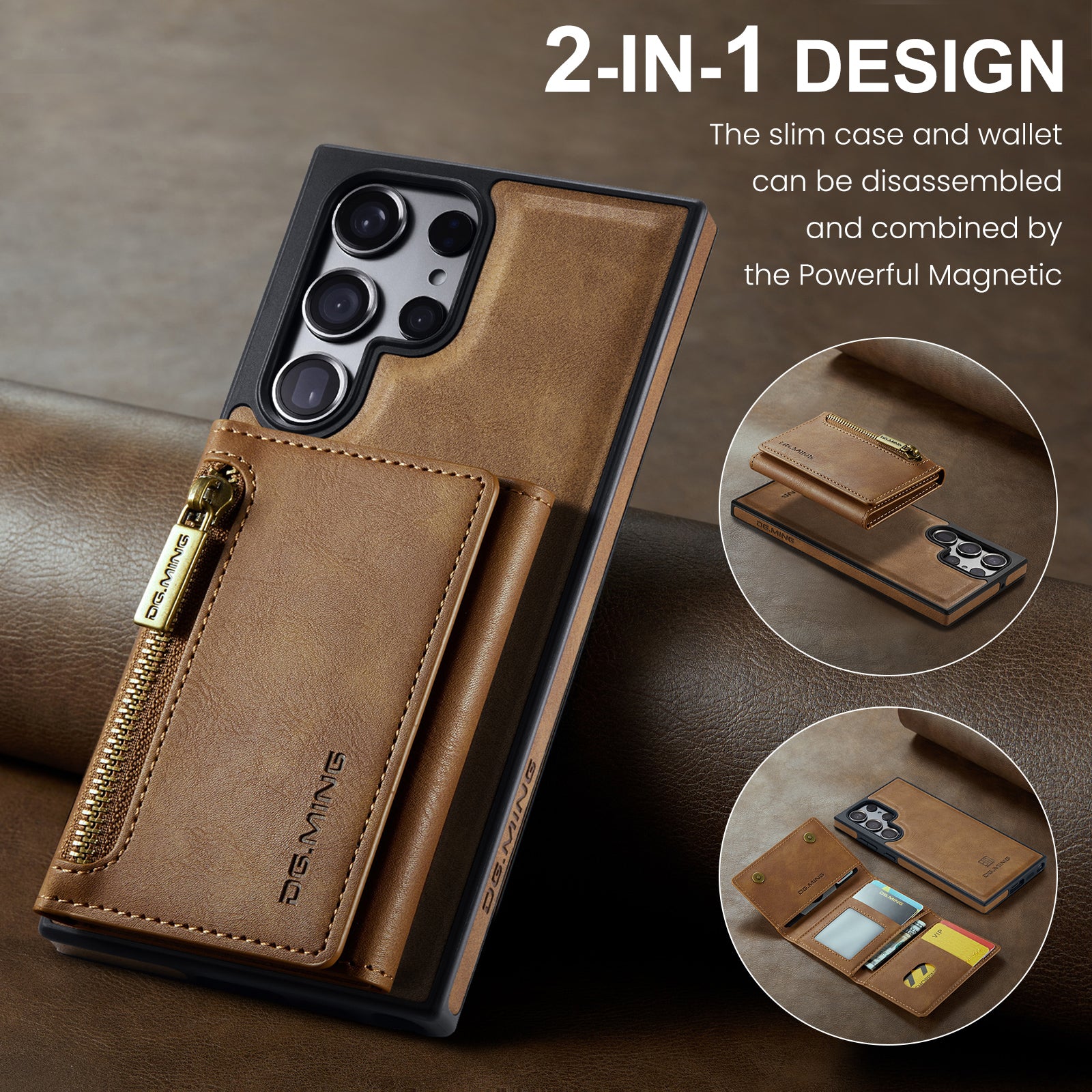 DG.MING M5 Series For Samsung Galaxy S24 Ultra Case Kickstand Leather Phone Back Cover - Brown
