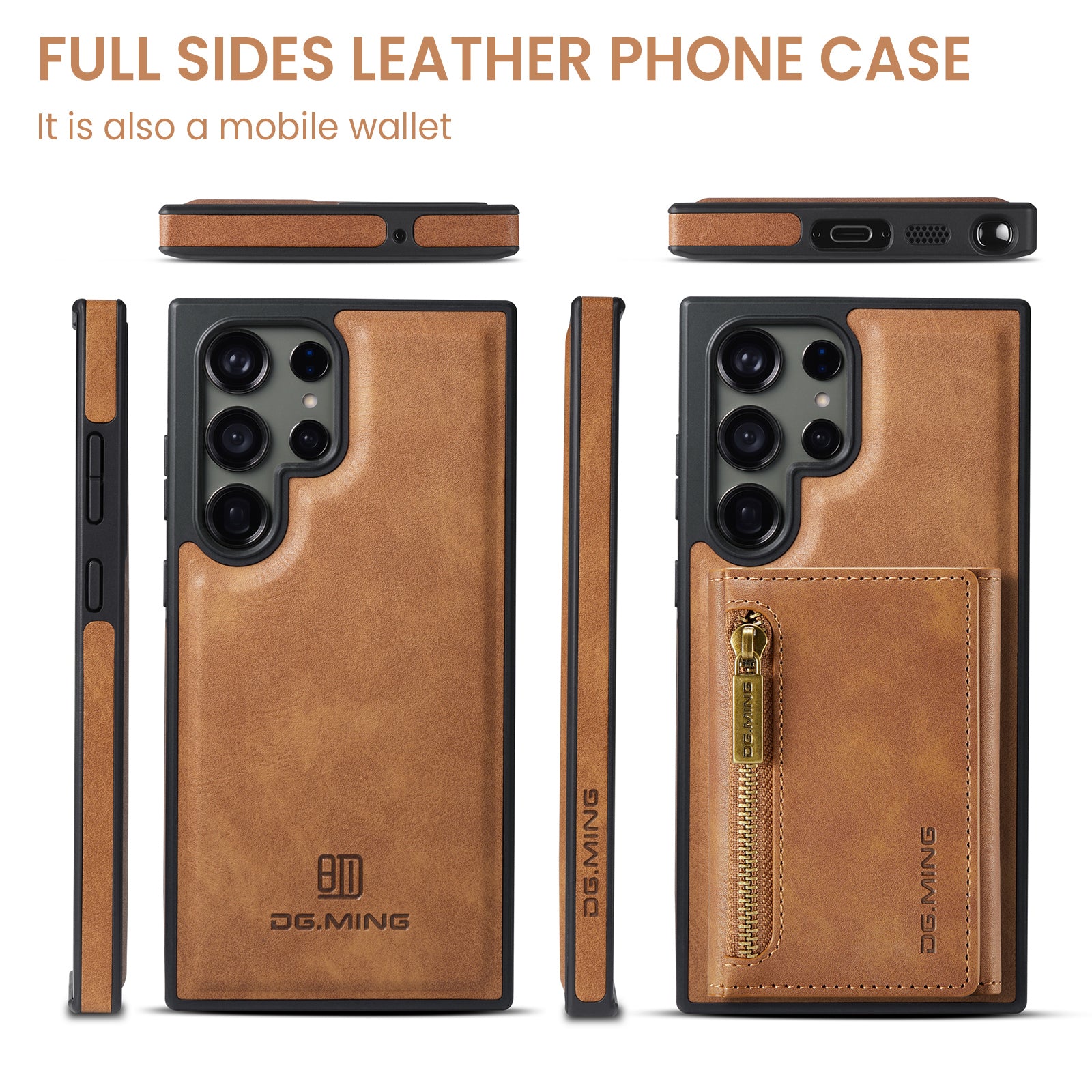 DG.MING M5 Series For Samsung Galaxy S24 Ultra Case Kickstand Leather Phone Back Cover - Brown