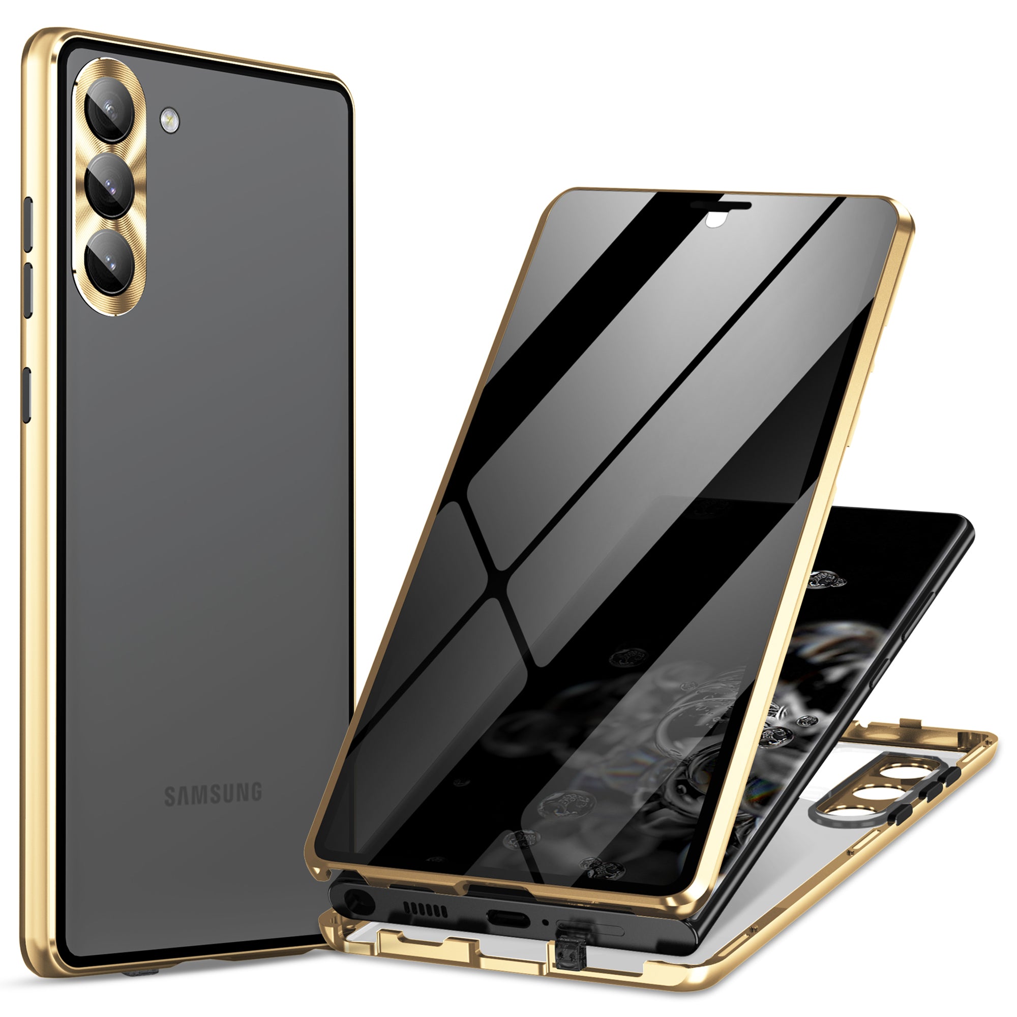 For Samsung Galaxy S24 Case Anti-Spy Double-Sided Tempered Glass Cover with Metal Frame - Gold