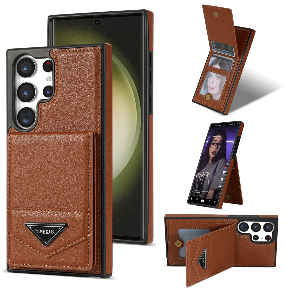 N.BEKUS For Samsung Galaxy S24 Ultra Case Leather+TPU  Vertical Flip Card Holder Cover - Brown