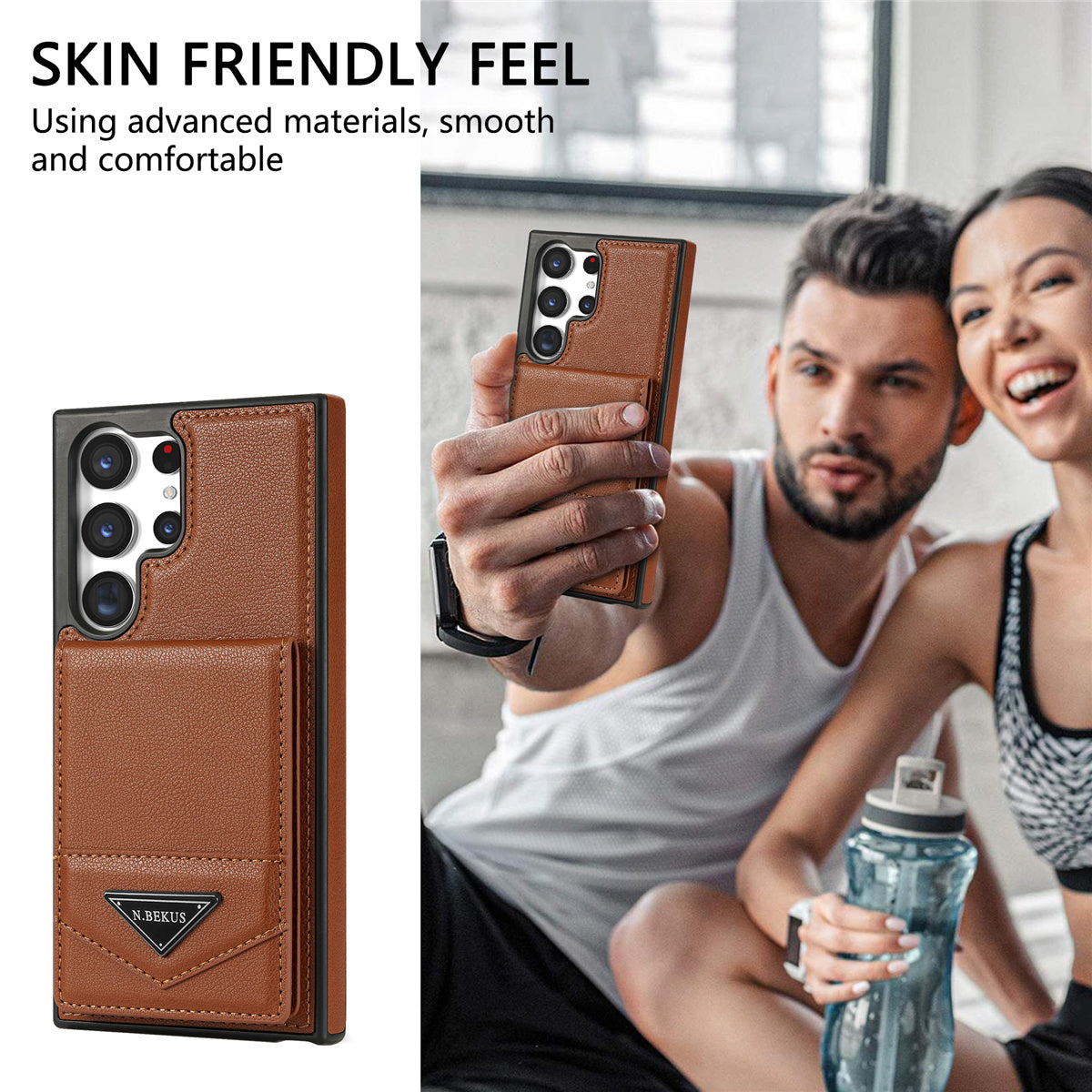 N.BEKUS For Samsung Galaxy S24 Ultra Case Leather+TPU  Vertical Flip Card Holder Cover - Brown