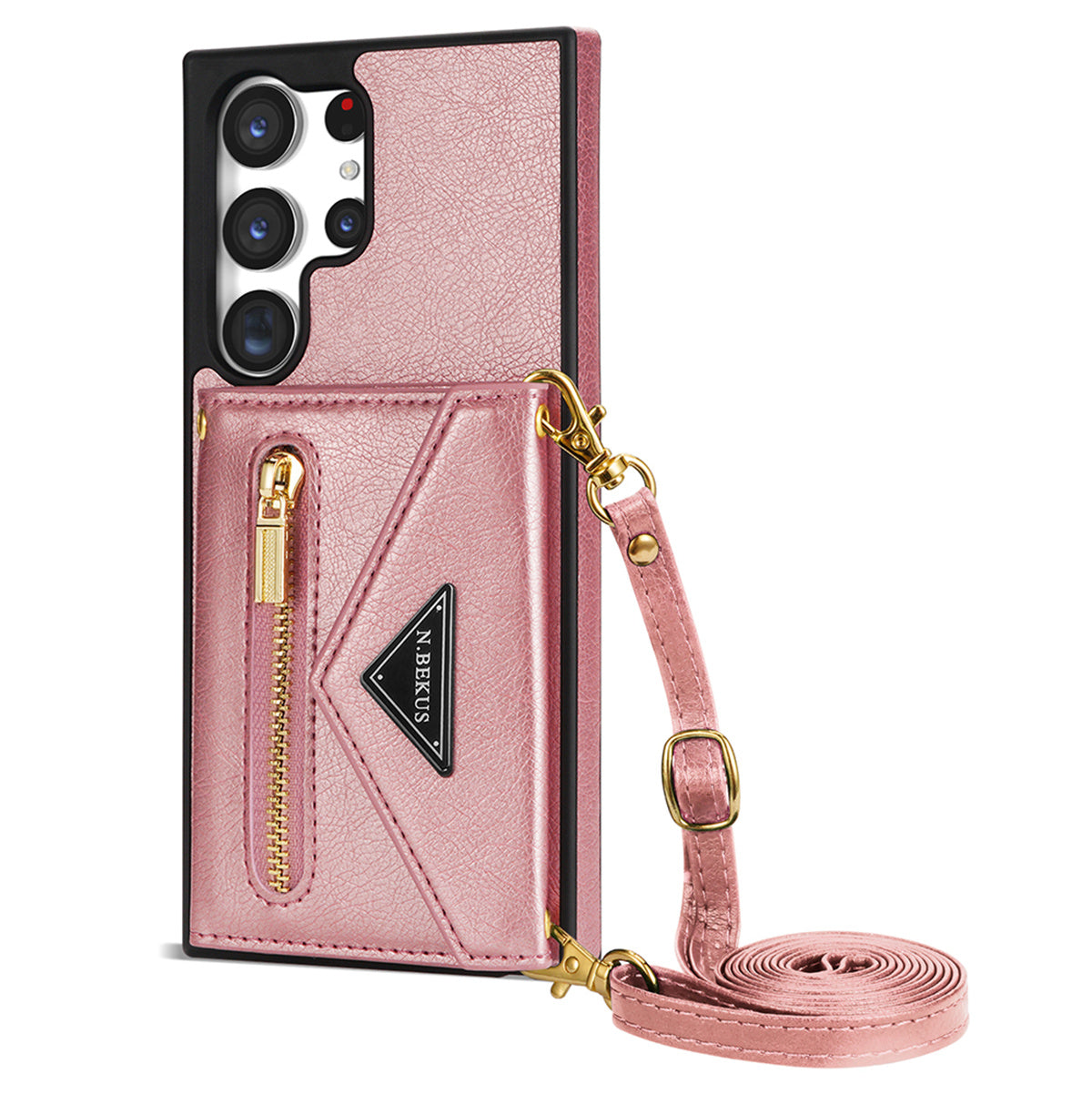 N.BEKUS For Samsung Galaxy S24 Ultra Phone Case Zipper Card Holder Cover with Shoulder Strap - Pink