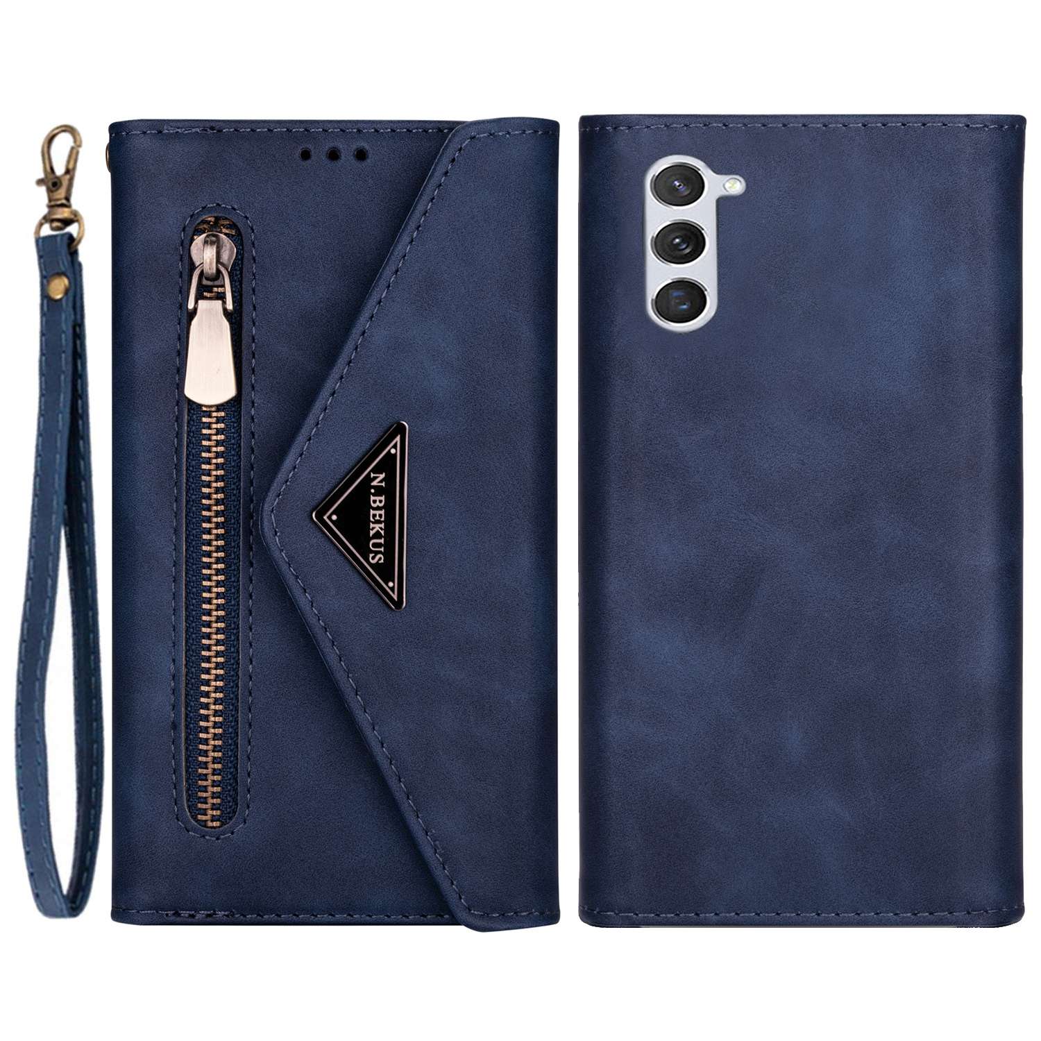 N.BEKUS For Samsung Galaxy S24 Skin-touch Wallet Cell Phone Cases with Short + Long Strap - Blue