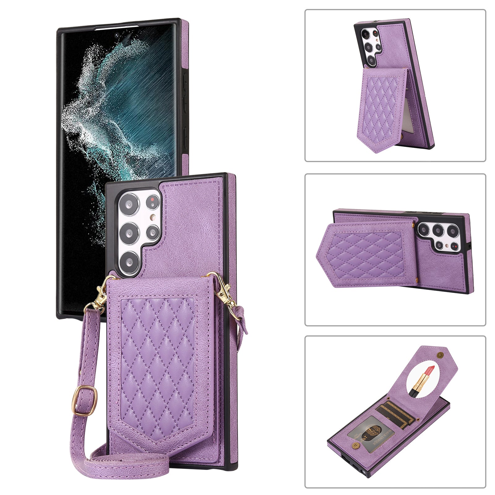 For Samsung Galaxy S24 Ultra Phone Case Kickstand Make Up Mirror Cover with Shoulder Strap - Purple