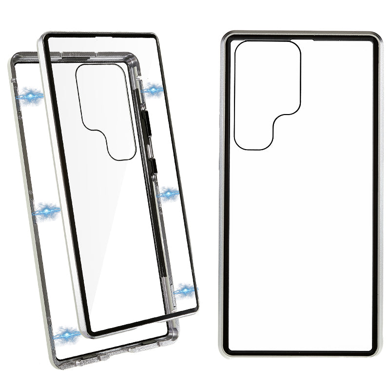 For Samsung Galaxy S24 Ultra Case Magnetic Tempered Glass Double-Sided Phone Cover - Silver