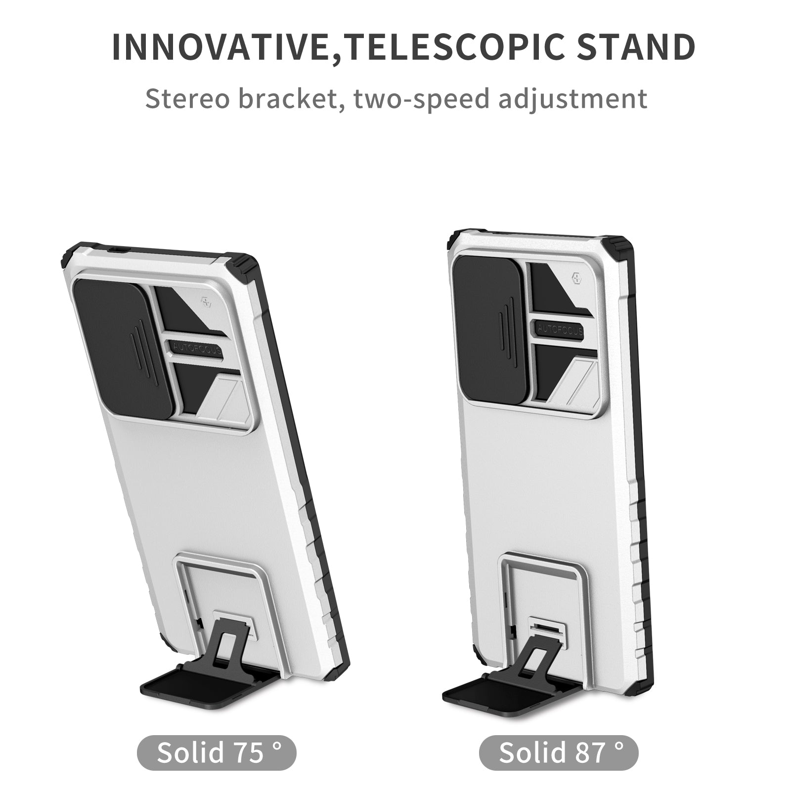 For Samsung Galaxy S24 Ultra Cell Phone Cases Slide Lens Shield PC+TPU Cover with Kickstand - White