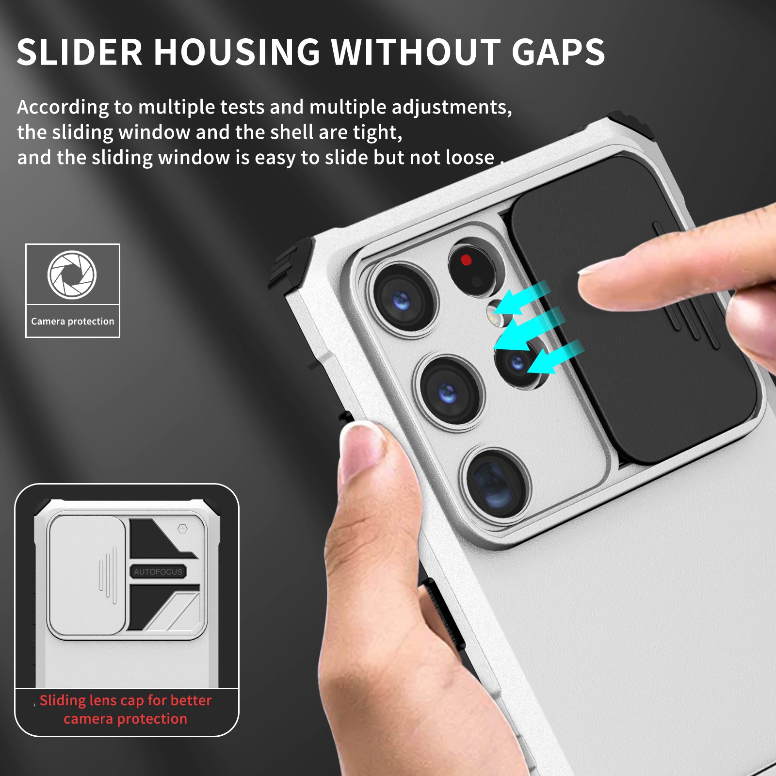 For Samsung Galaxy S24 Ultra Cell Phone Cases Slide Lens Shield PC+TPU Cover with Kickstand - White