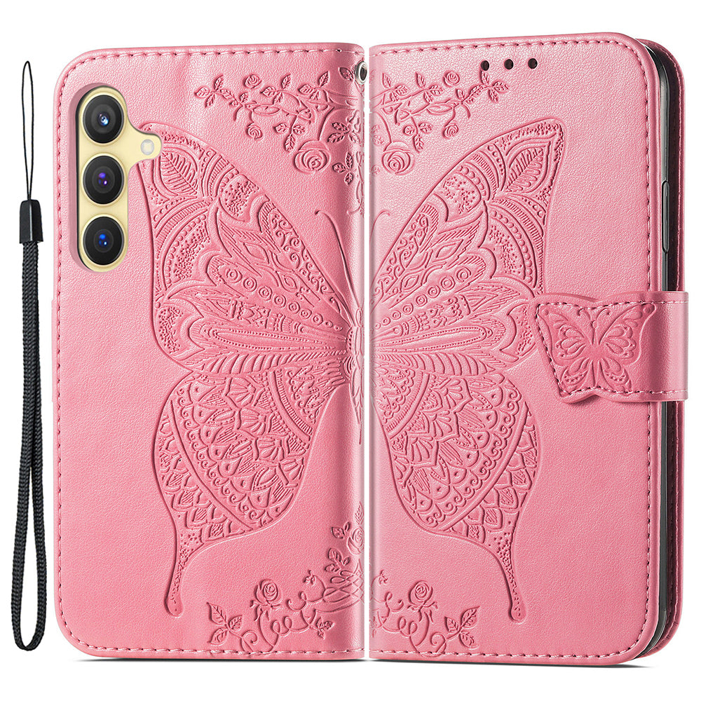 Wallet Case for Samsung Galaxy S24+ Butterfly Imprinted Leather Folio Phone Cover Stand - Pink