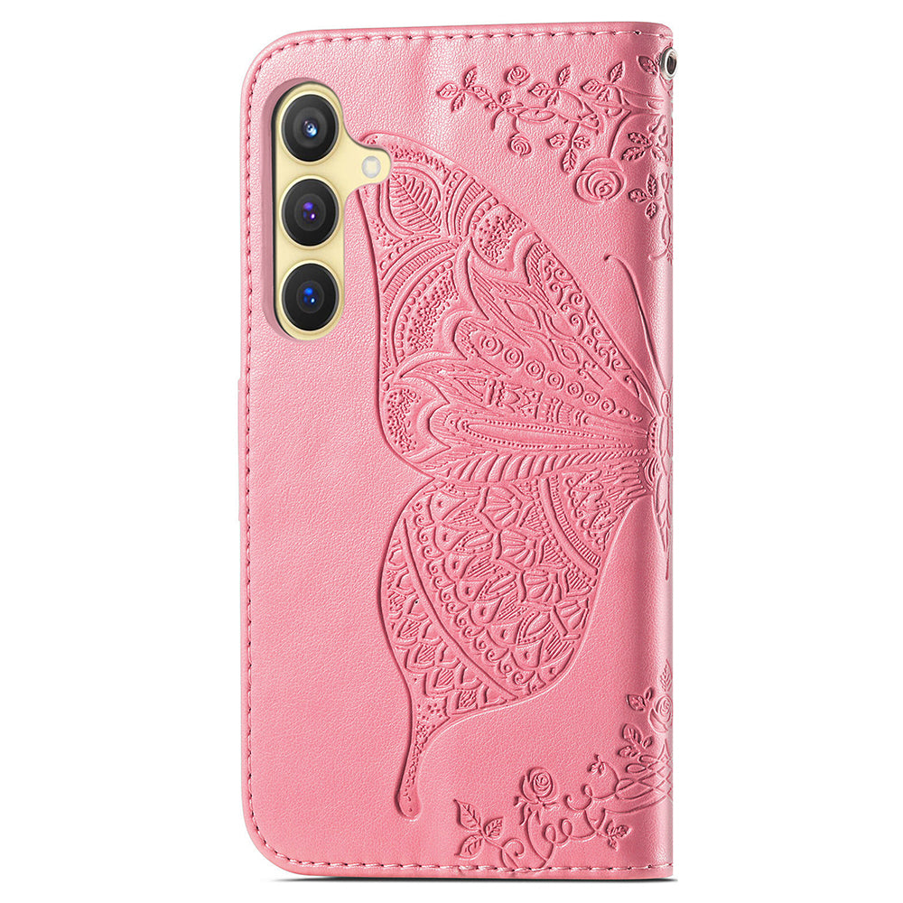 Wallet Case for Samsung Galaxy S24+ Butterfly Imprinted Leather Folio Phone Cover Stand - Pink