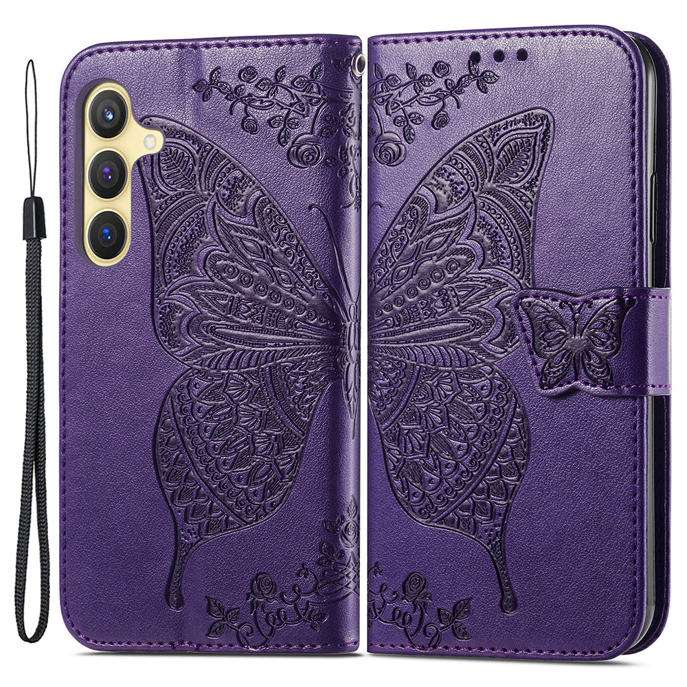 Wallet Case for Samsung Galaxy S24+ Butterfly Imprinted Leather Folio Phone Cover Stand - Dark Purple