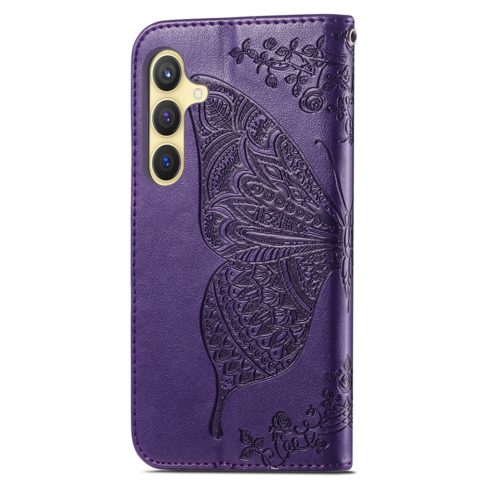 Wallet Case for Samsung Galaxy S24+ Butterfly Imprinted Leather Folio Phone Cover Stand - Dark Purple