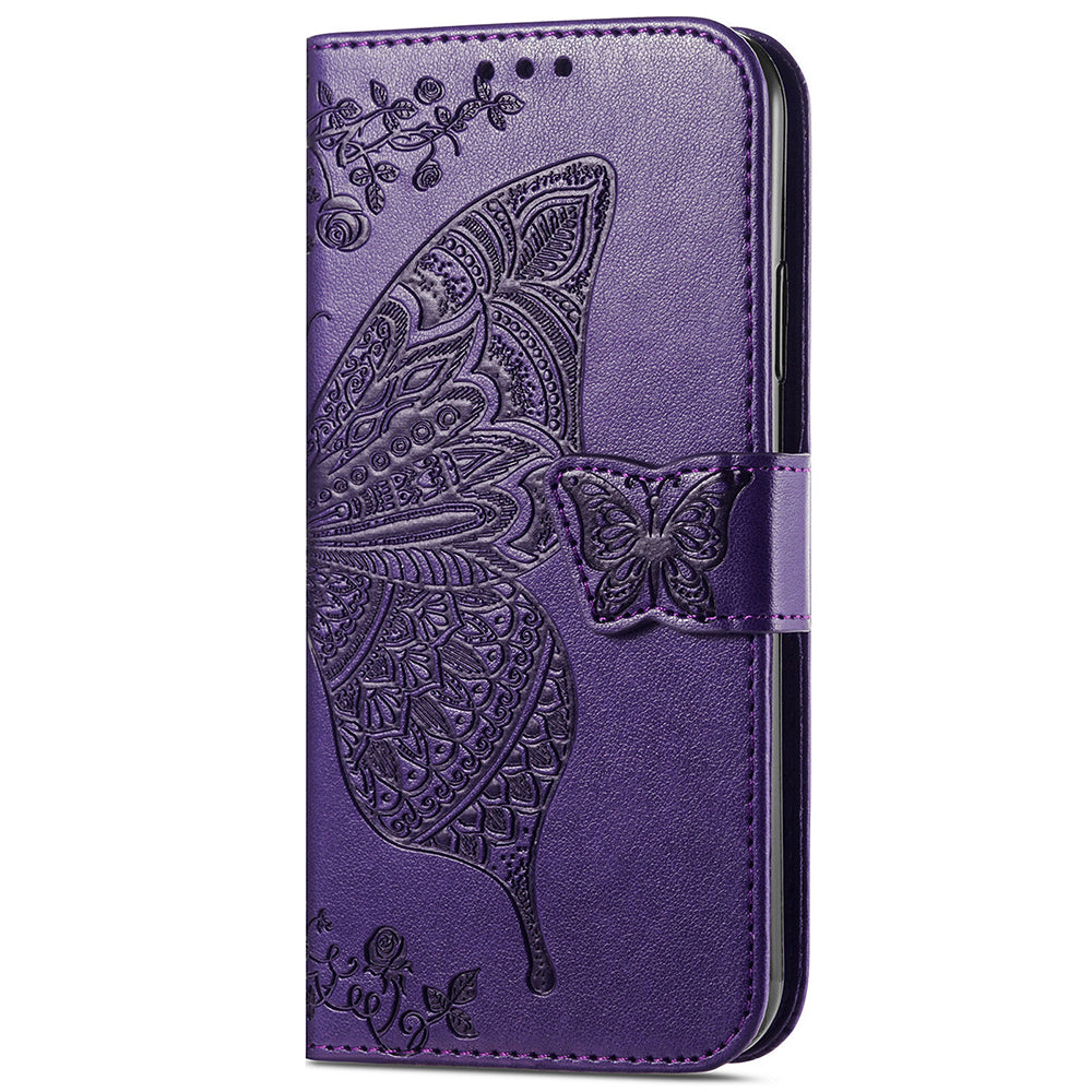 Wallet Case for Samsung Galaxy S24+ Butterfly Imprinted Leather Folio Phone Cover Stand - Dark Purple