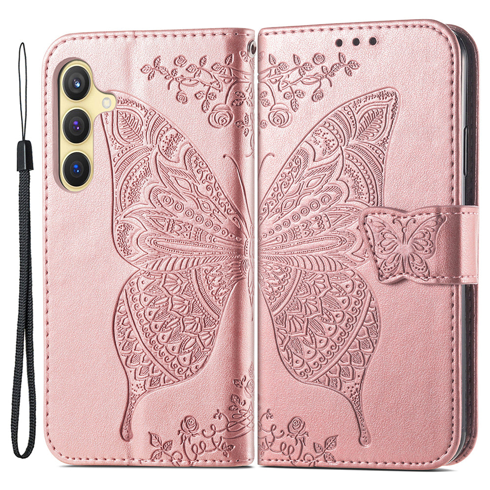 Wallet Case for Samsung Galaxy S24+ Butterfly Imprinted Leather Folio Phone Cover Stand - Rose Gold