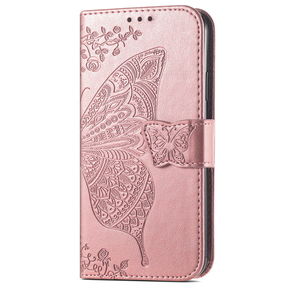 Wallet Case for Samsung Galaxy S24+ Butterfly Imprinted Leather Folio Phone Cover Stand - Rose Gold