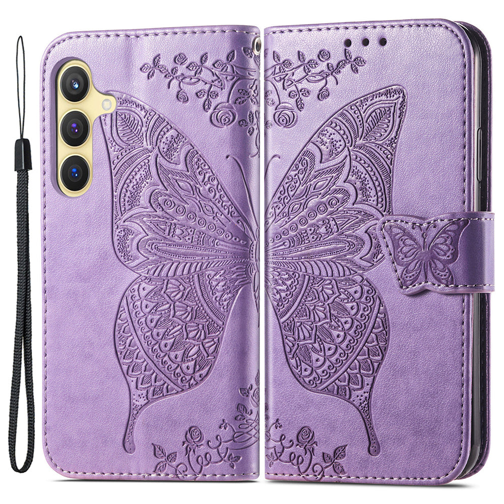 Wallet Case for Samsung Galaxy S24+ Butterfly Imprinted Leather Folio Phone Cover Stand - Light Purple