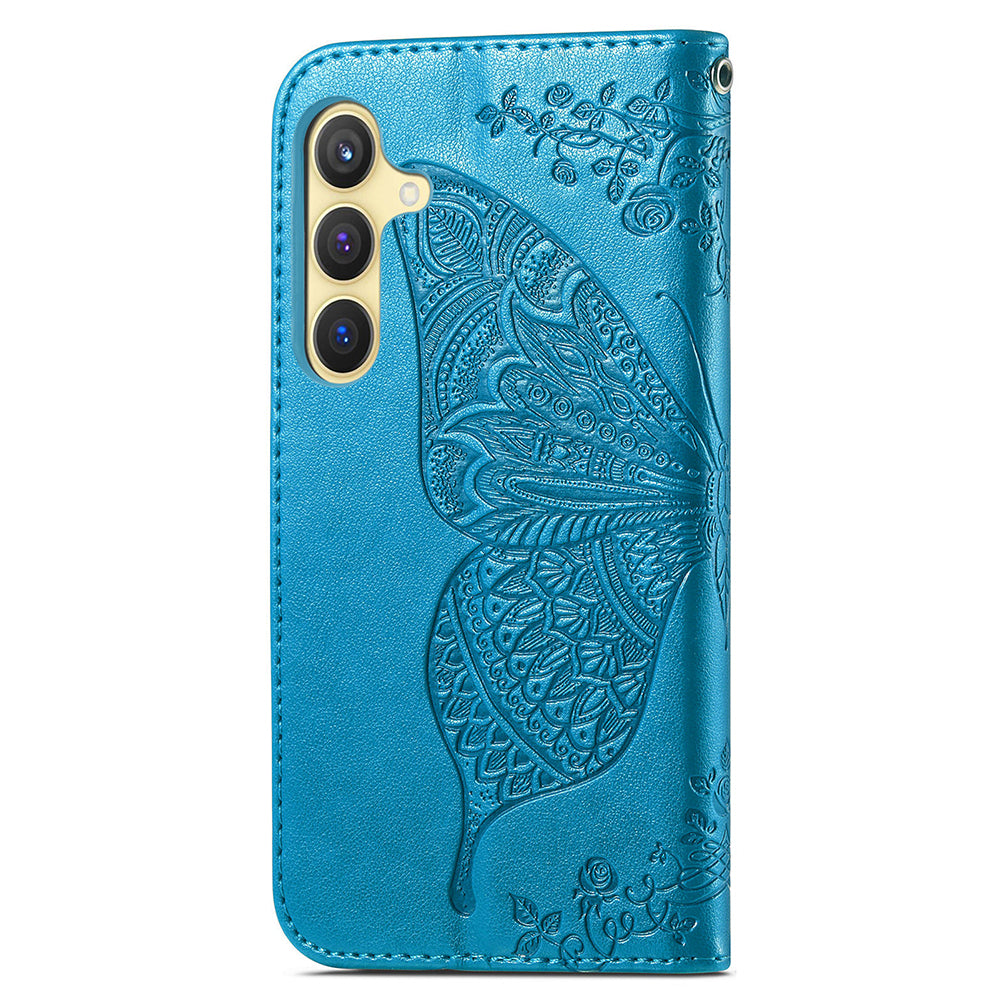 Wallet Case for Samsung Galaxy S24+ Butterfly Imprinted Leather Folio Phone Cover Stand - Blue