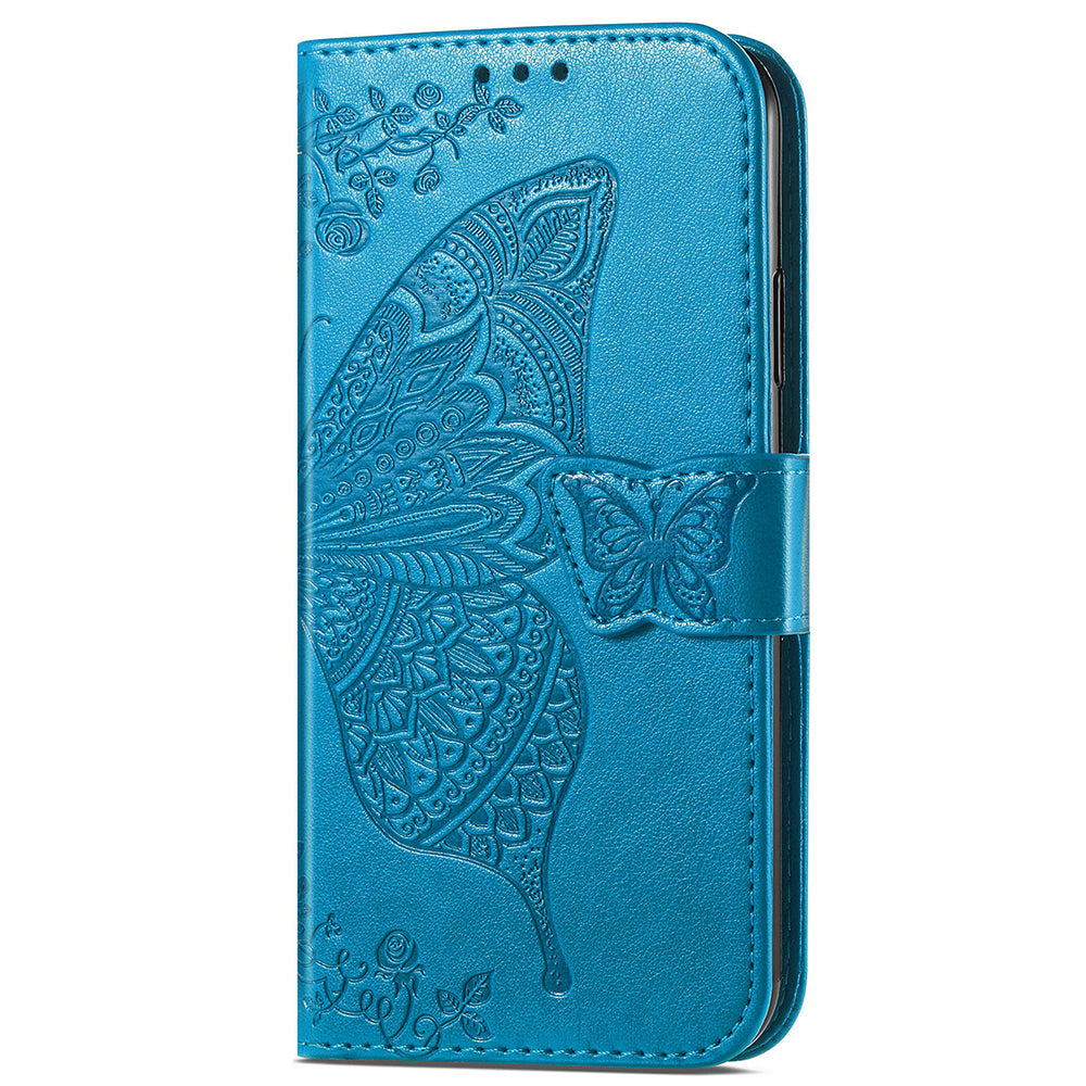 Wallet Case for Samsung Galaxy S24+ Butterfly Imprinted Leather Folio Phone Cover Stand - Blue