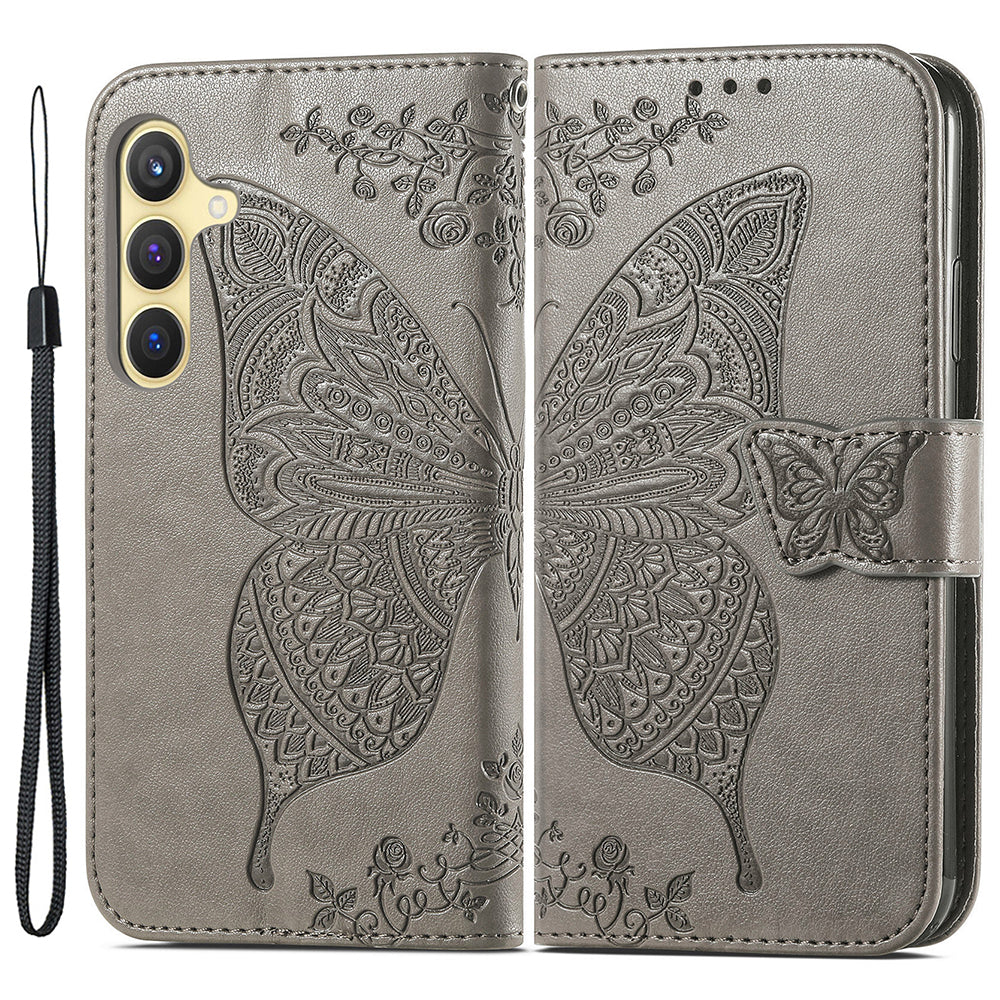 Wallet Case for Samsung Galaxy S24+ Butterfly Imprinted Leather Folio Phone Cover Stand - Grey