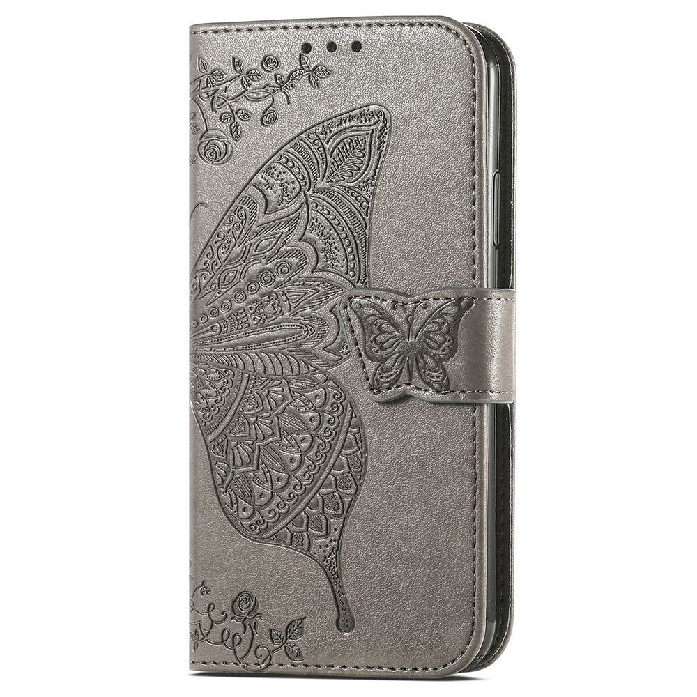 Wallet Case for Samsung Galaxy S24+ Butterfly Imprinted Leather Folio Phone Cover Stand - Grey