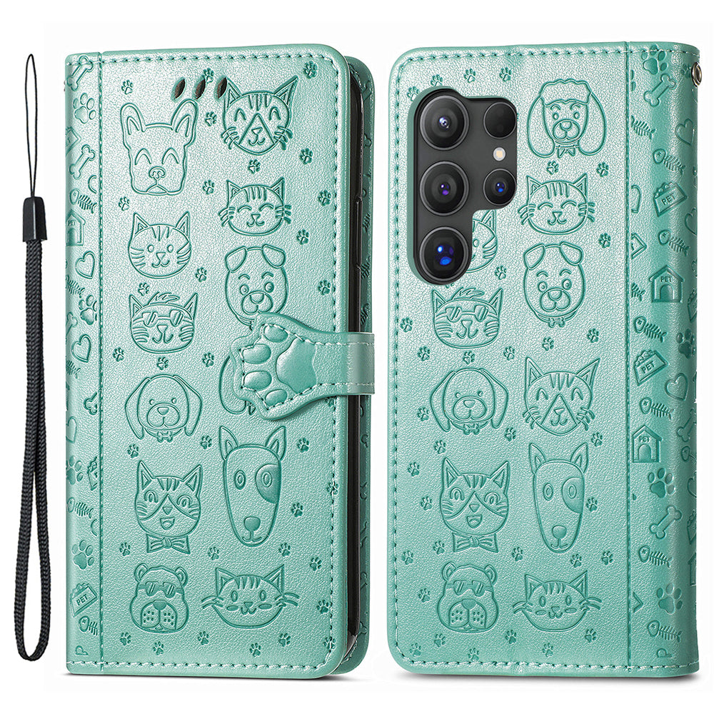 For Samsung Galaxy S24 Ultra Cartoon Wallet Case PU Leather Cat Dog Style Flip Phone Cover - Green