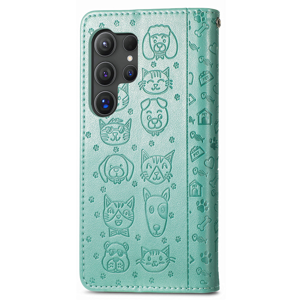 For Samsung Galaxy S24 Ultra Cartoon Wallet Case PU Leather Cat Dog Style Flip Phone Cover - Green