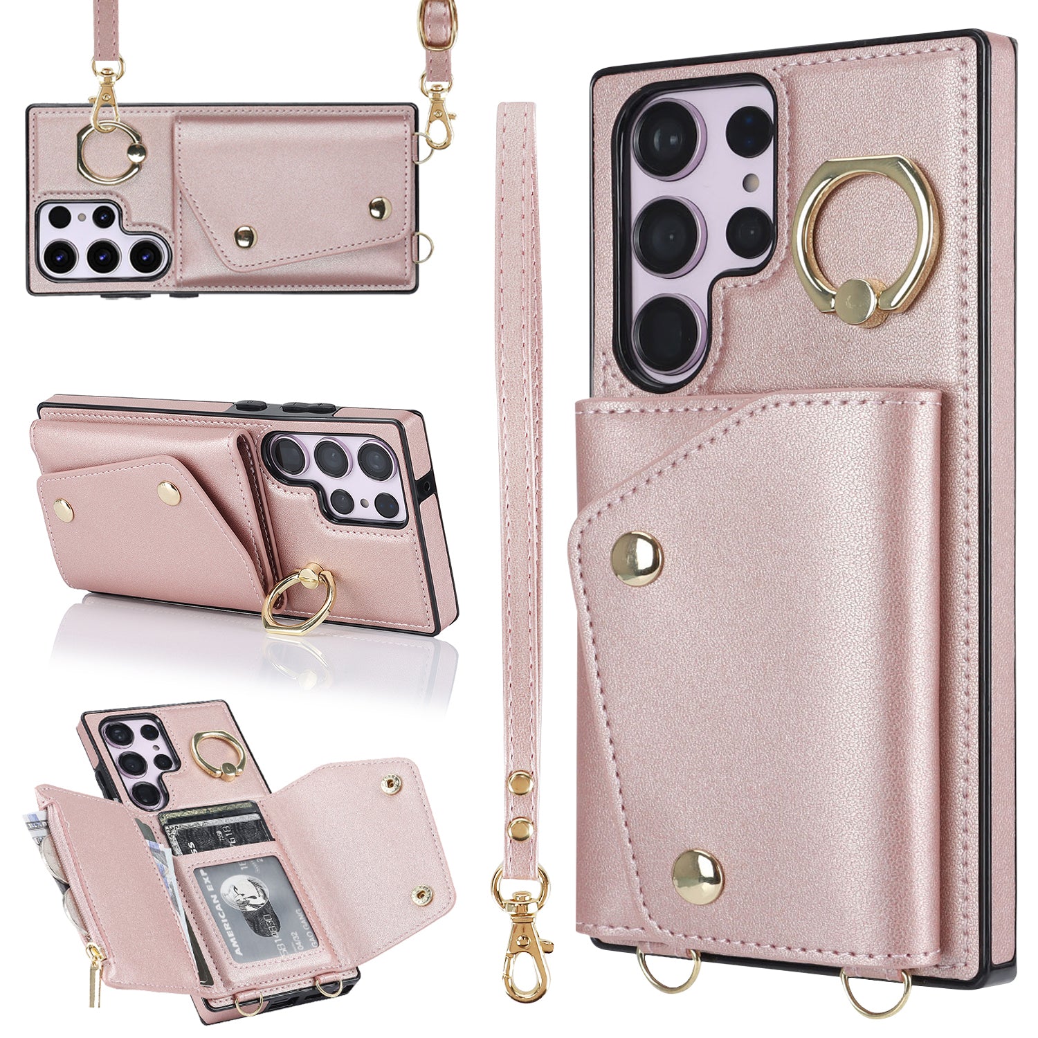 For Samsung Galaxy S24 Ultra Case Wallet Zipper Anti-scratch PU Leather+TPU Phone Protector - Rose Gold