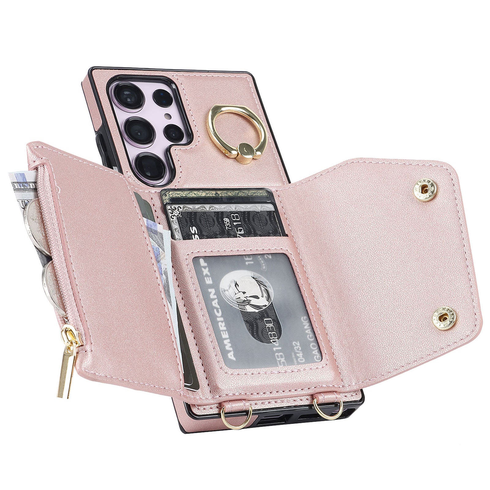 For Samsung Galaxy S24 Ultra Case Wallet Zipper Anti-scratch PU Leather+TPU Phone Protector - Rose Gold