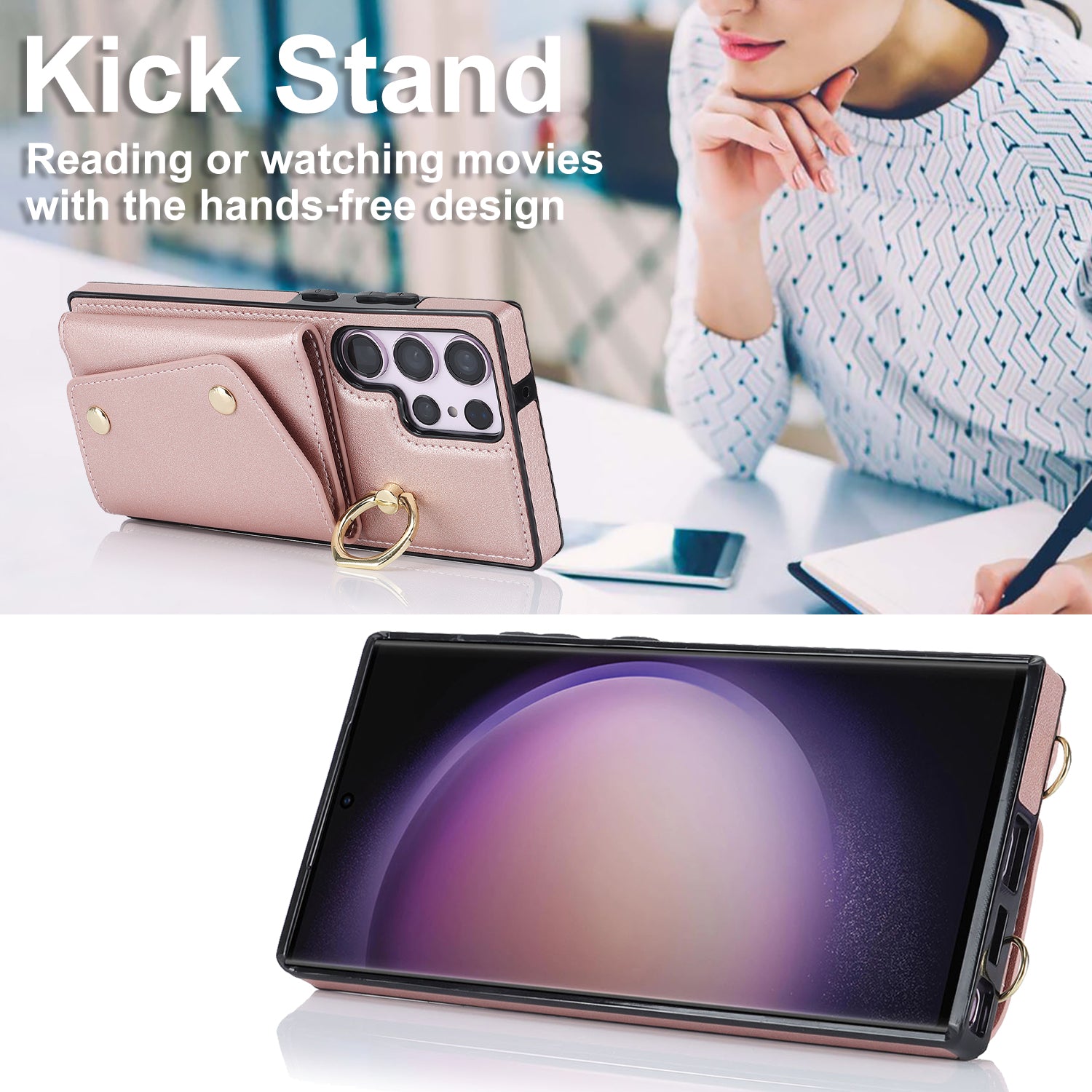 For Samsung Galaxy S24 Ultra Case Wallet Zipper Anti-scratch PU Leather+TPU Phone Protector - Rose Gold