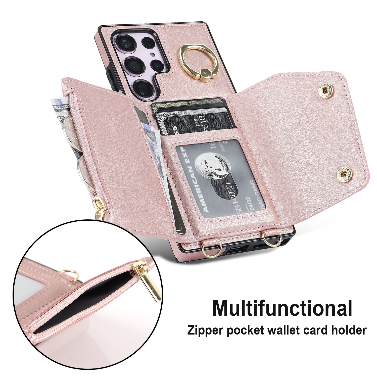 For Samsung Galaxy S24 Ultra Case Wallet Zipper Anti-scratch PU Leather+TPU Phone Protector - Rose Gold