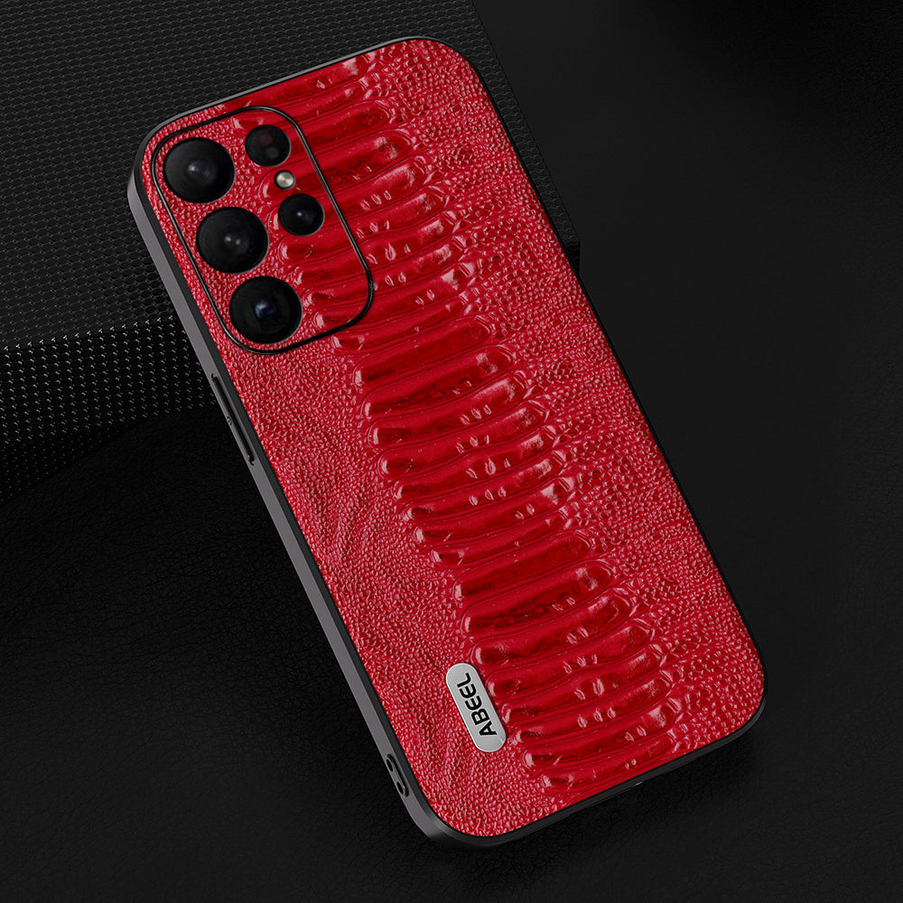 ABEEL For Samsung Galaxy S24 Ultra Crocodile Texture Case Genuine Cow Leather Slim Back Cover - Red