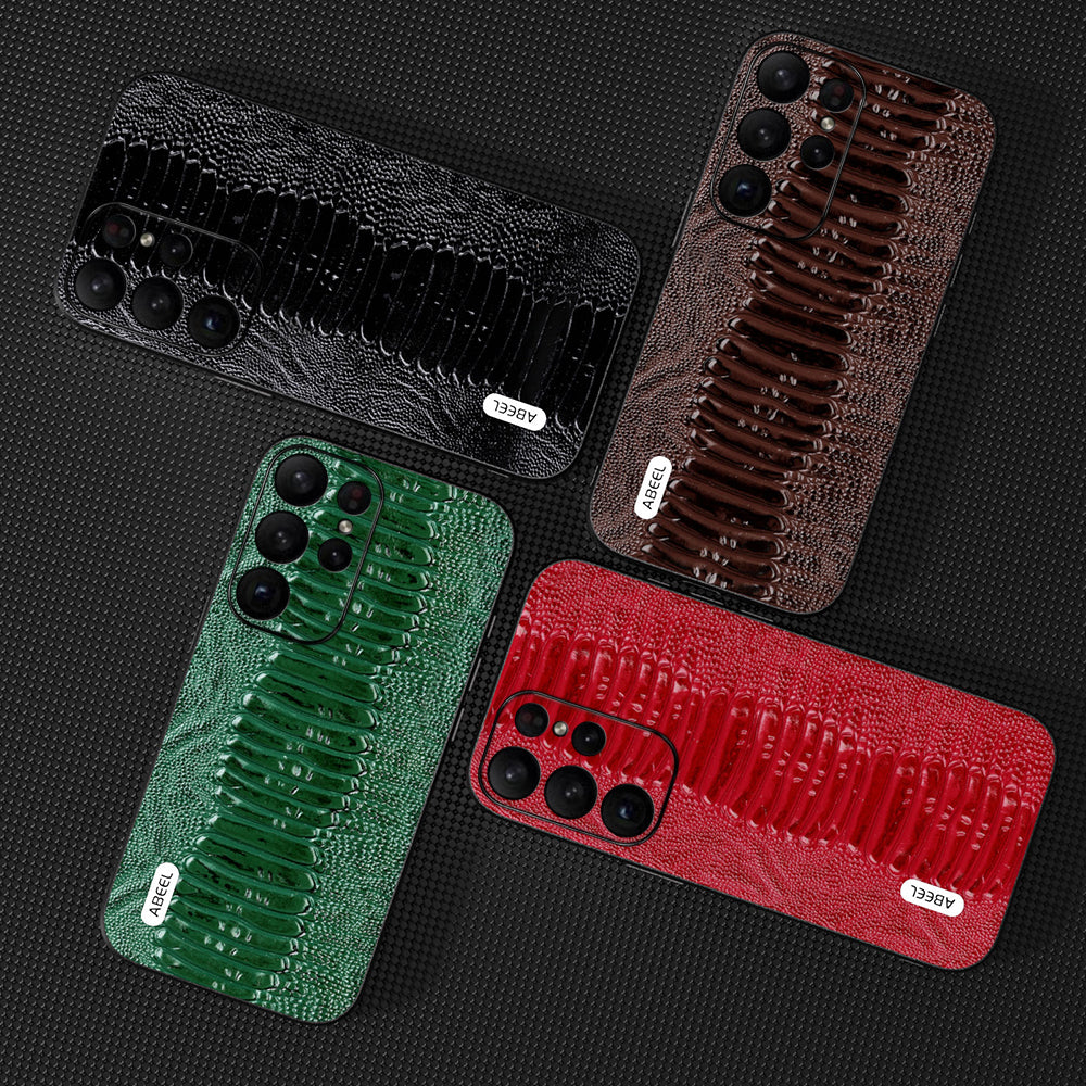 ABEEL For Samsung Galaxy S24 Ultra Crocodile Texture Case Genuine Cow Leather Slim Back Cover - Red