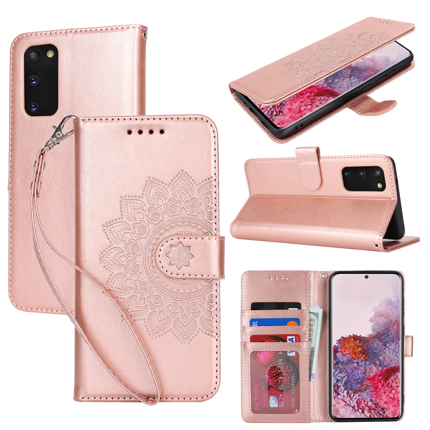 For Samsung Galaxy S20 4G / 5G Cell Phone Case R61 Texture Imprinted Leather Wallet Anti-scratch Cover - Rose Gold