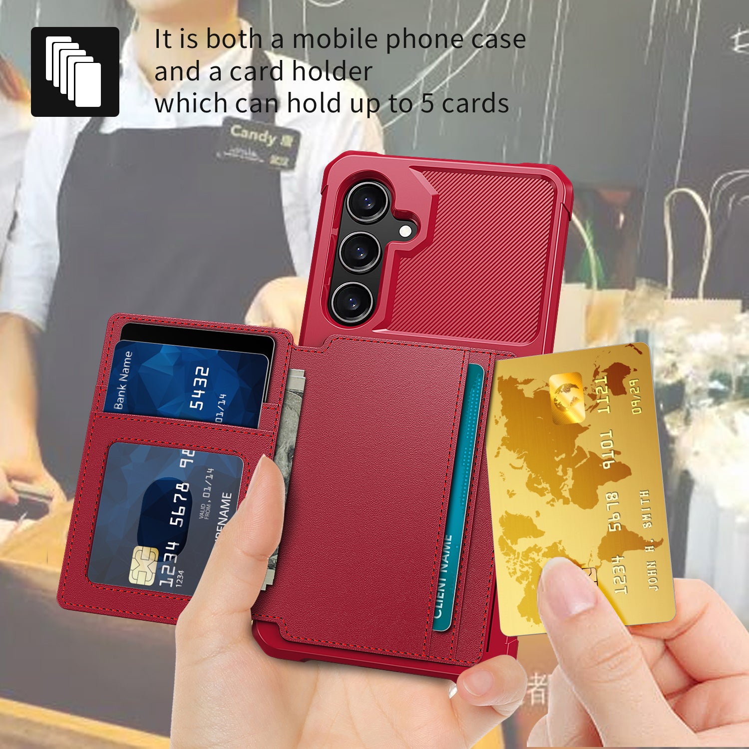 ZM03 For Samsung Galaxy S24 Case Soft TPU+PU Leather Card Slots Kickstand Phone Protector - Red