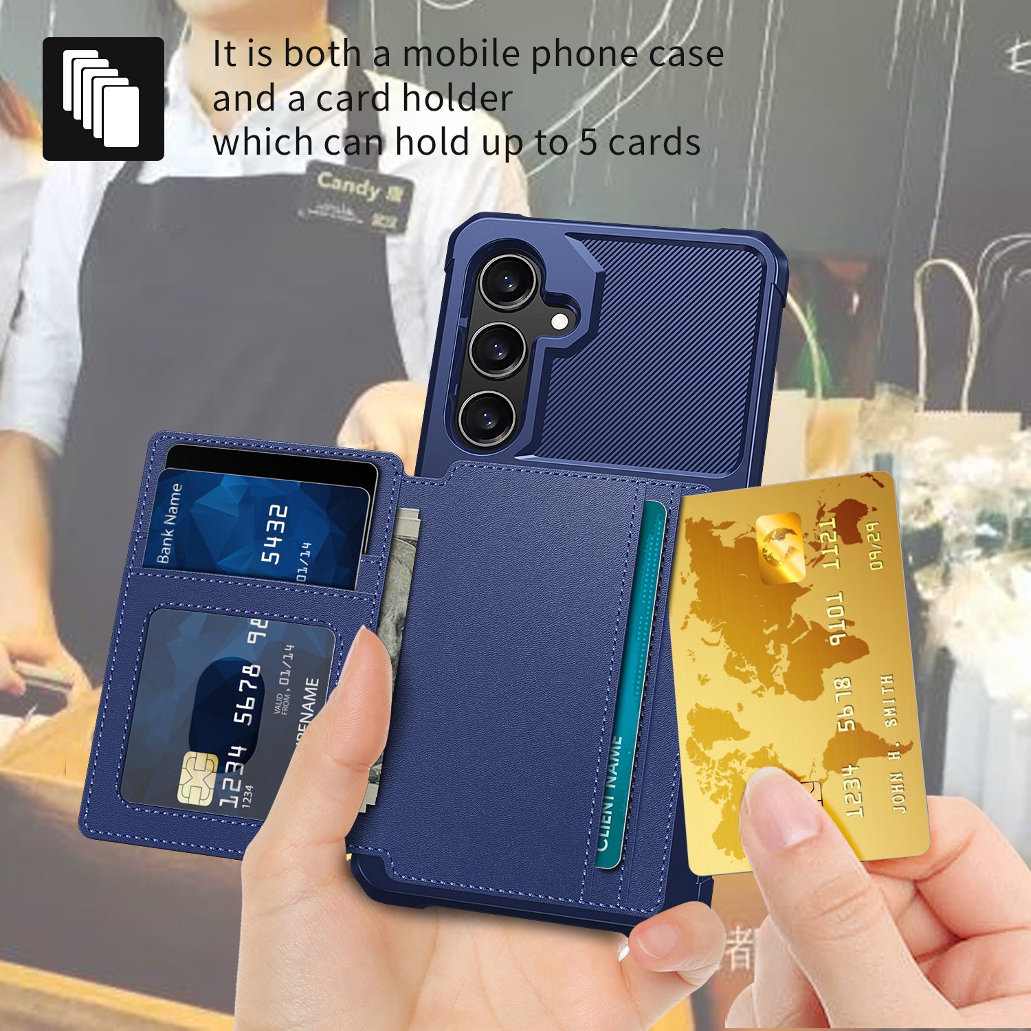 ZM03 For Samsung Galaxy S24 Case Soft TPU+PU Leather Card Slots Kickstand Phone Protector - Blue