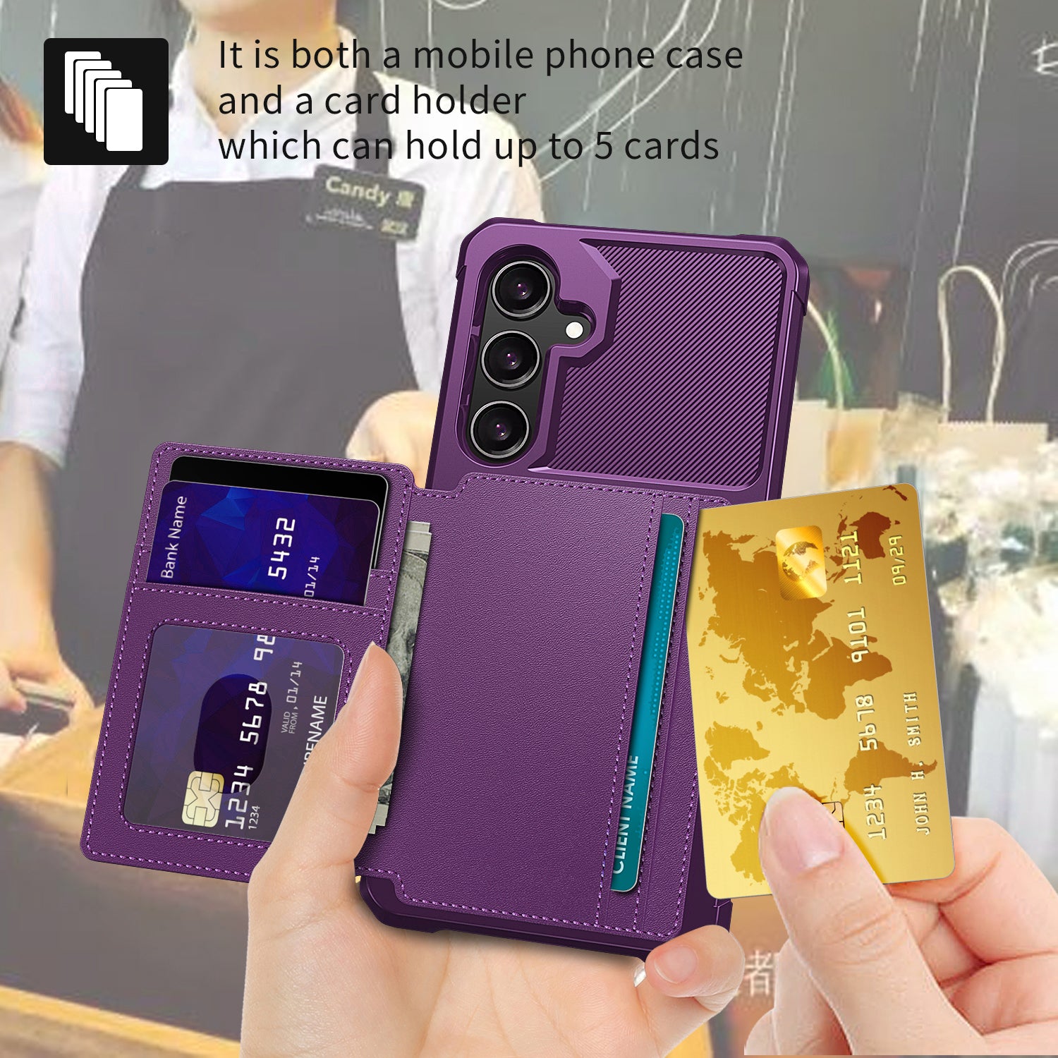 ZM03 For Samsung Galaxy S24 Case Soft TPU+PU Leather Card Slots Kickstand Phone Protector - Purple