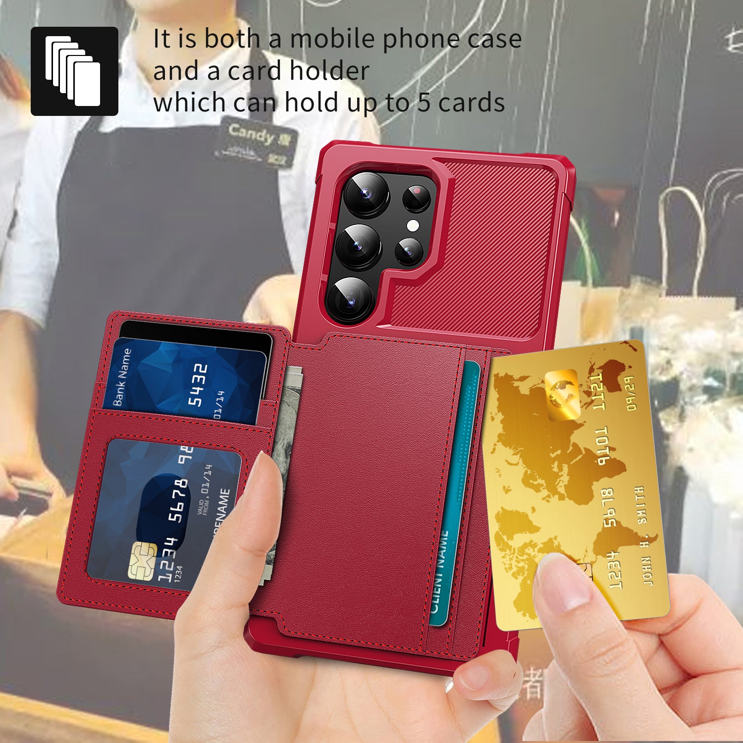 ZM03 For Samsung Galaxy S24 Ultra Case Slim-Fit PU Leather+TPU Kickstand Smart Phone Cover - Red