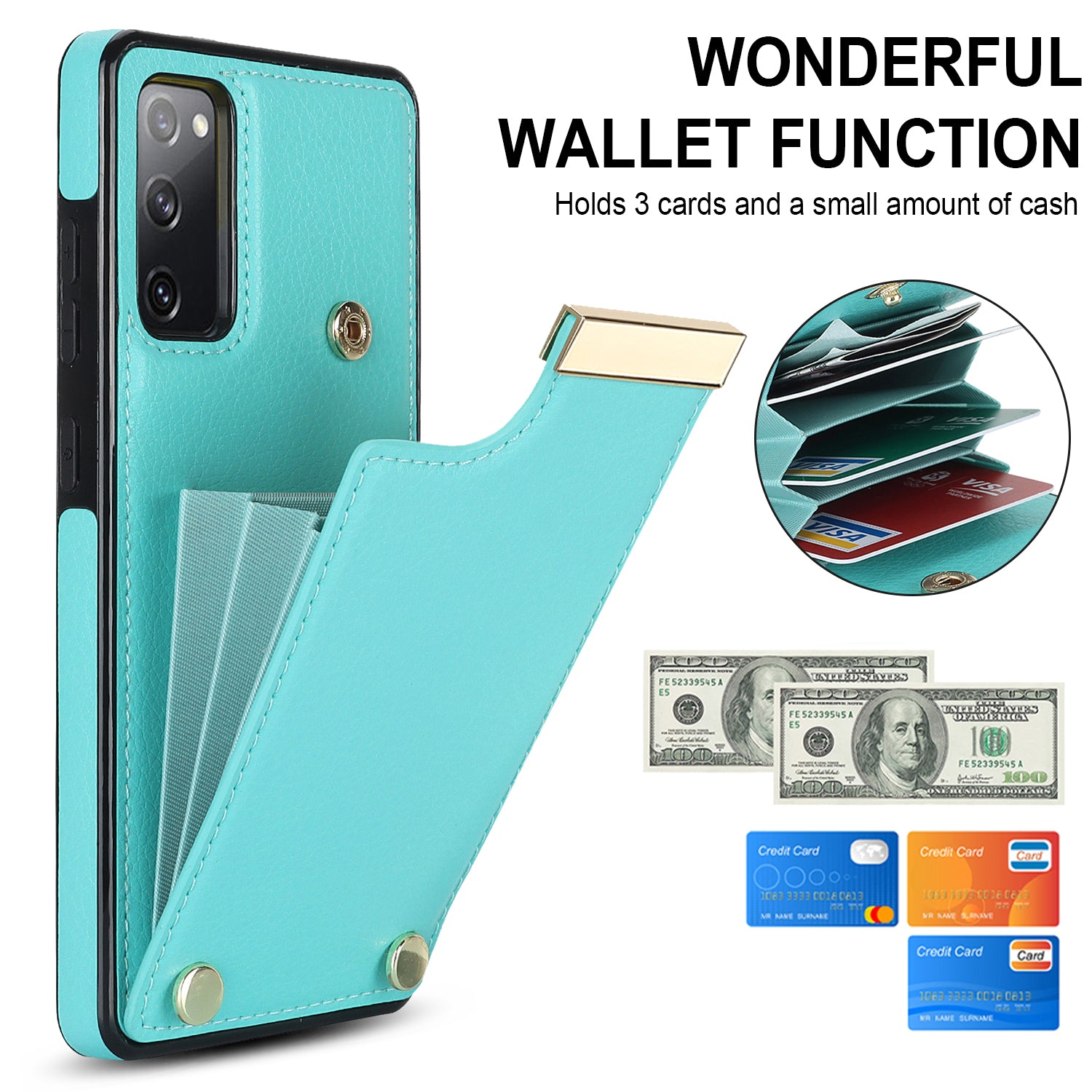 For Samsung Galaxy S20 FE 5G /  S20 FE / S20 FE 2022 / S20 Lite Cell Phone Case TPU+PU Leather Card Holder Cover - Mint Green