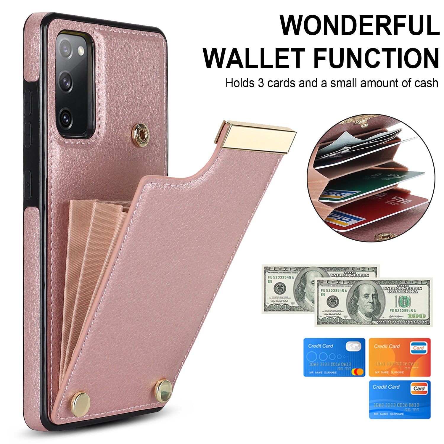 For Samsung Galaxy S20 FE 5G /  S20 FE / S20 FE 2022 / S20 Lite Cell Phone Case TPU+PU Leather Card Holder Cover - Rose Gold