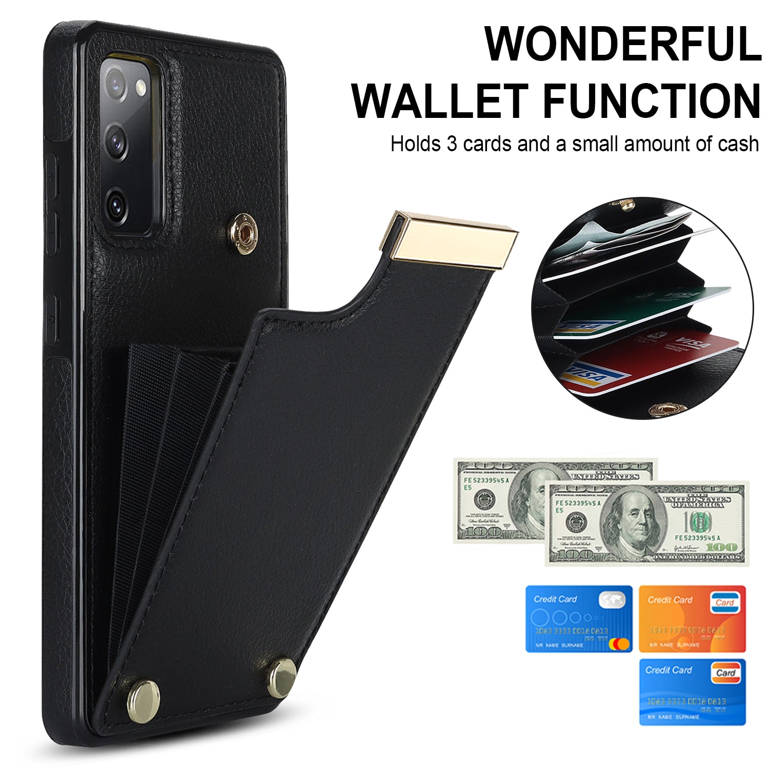 For Samsung Galaxy S20 FE 5G /  S20 FE / S20 FE 2022 / S20 Lite Cell Phone Case TPU+PU Leather Card Holder Cover - Black