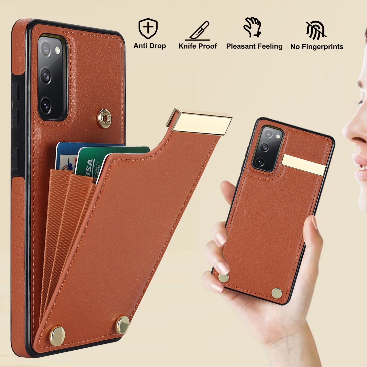 For Samsung Galaxy S20 FE 5G /  S20 FE / S20 FE 2022 / S20 Lite Cell Phone Case TPU+PU Leather Card Holder Cover - Brown