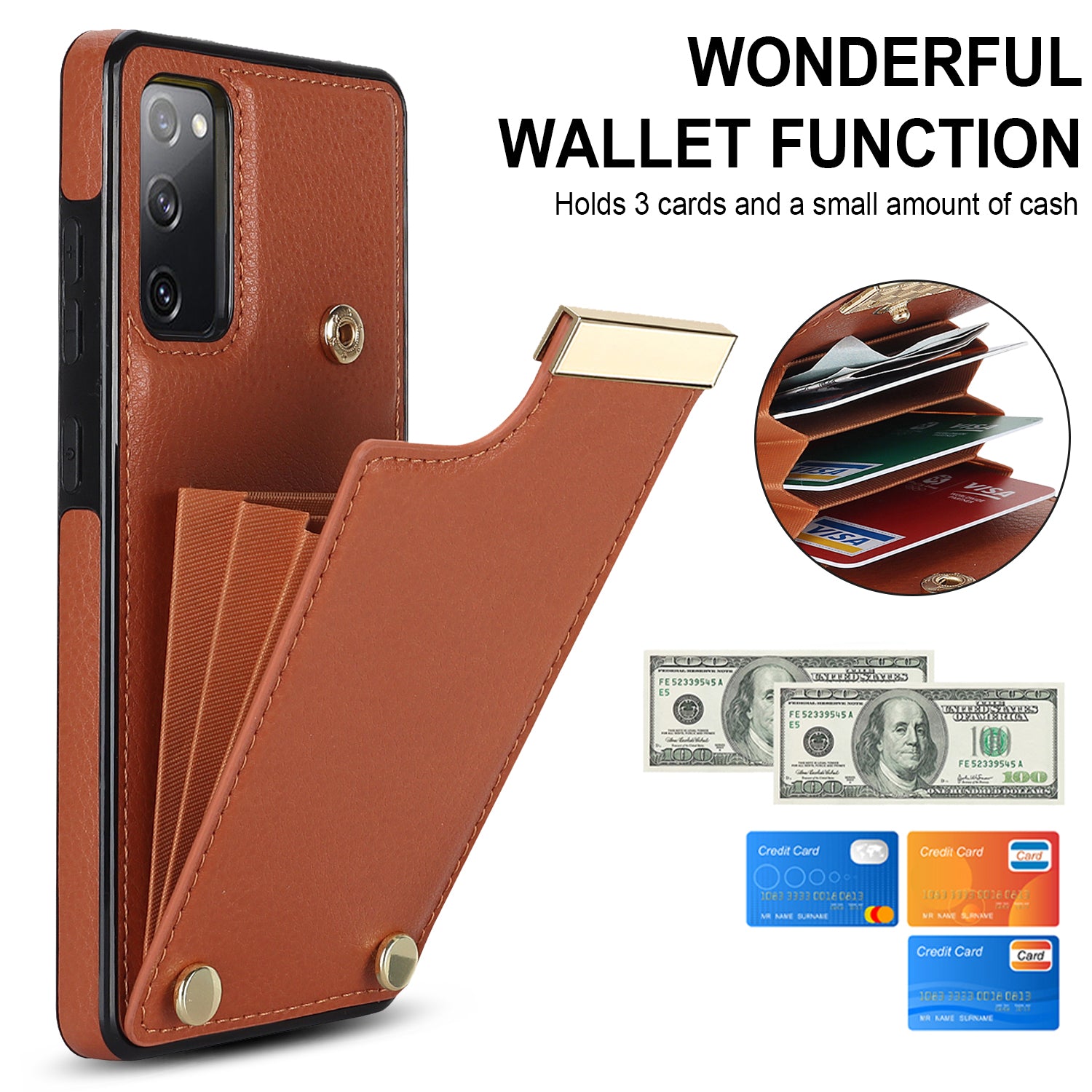 For Samsung Galaxy S20 FE 5G /  S20 FE / S20 FE 2022 / S20 Lite Cell Phone Case TPU+PU Leather Card Holder Cover - Brown