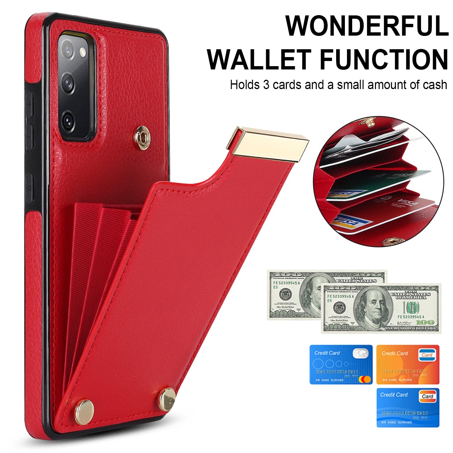 For Samsung Galaxy S20 FE 5G /  S20 FE / S20 FE 2022 / S20 Lite Cell Phone Case TPU+PU Leather Card Holder Cover - Red