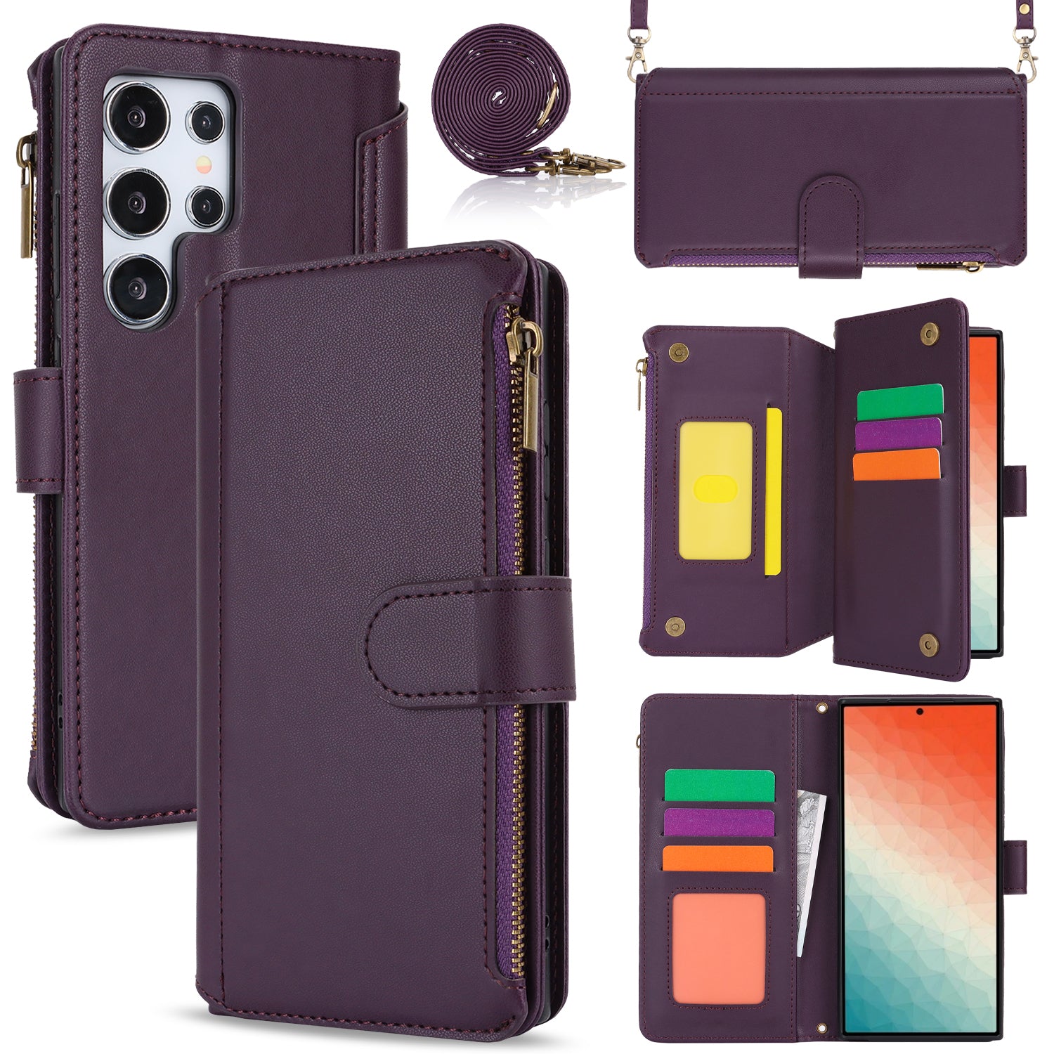 For Samsung Galaxy S24 Ultra Cell Phone Stand Case RFID Blocking Leather Flip Cover - Dark Purple