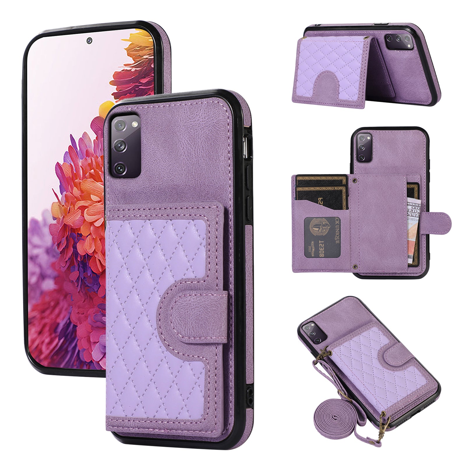 For Samsung Galaxy S20 4G / 5G Card Holder Phone Case TPU+PU Leather Kickstand Phone Cover - Purple