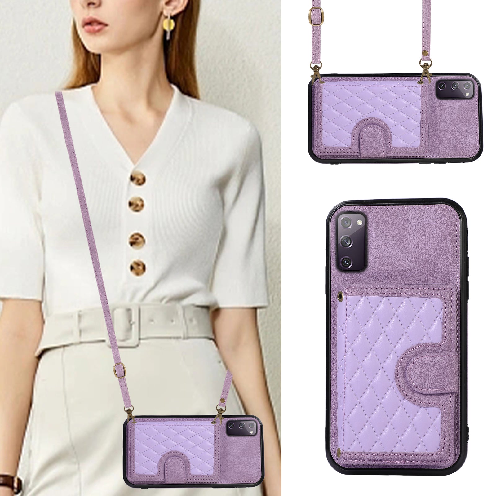 For Samsung Galaxy S20 4G / 5G Card Holder Phone Case TPU+PU Leather Kickstand Phone Cover - Purple