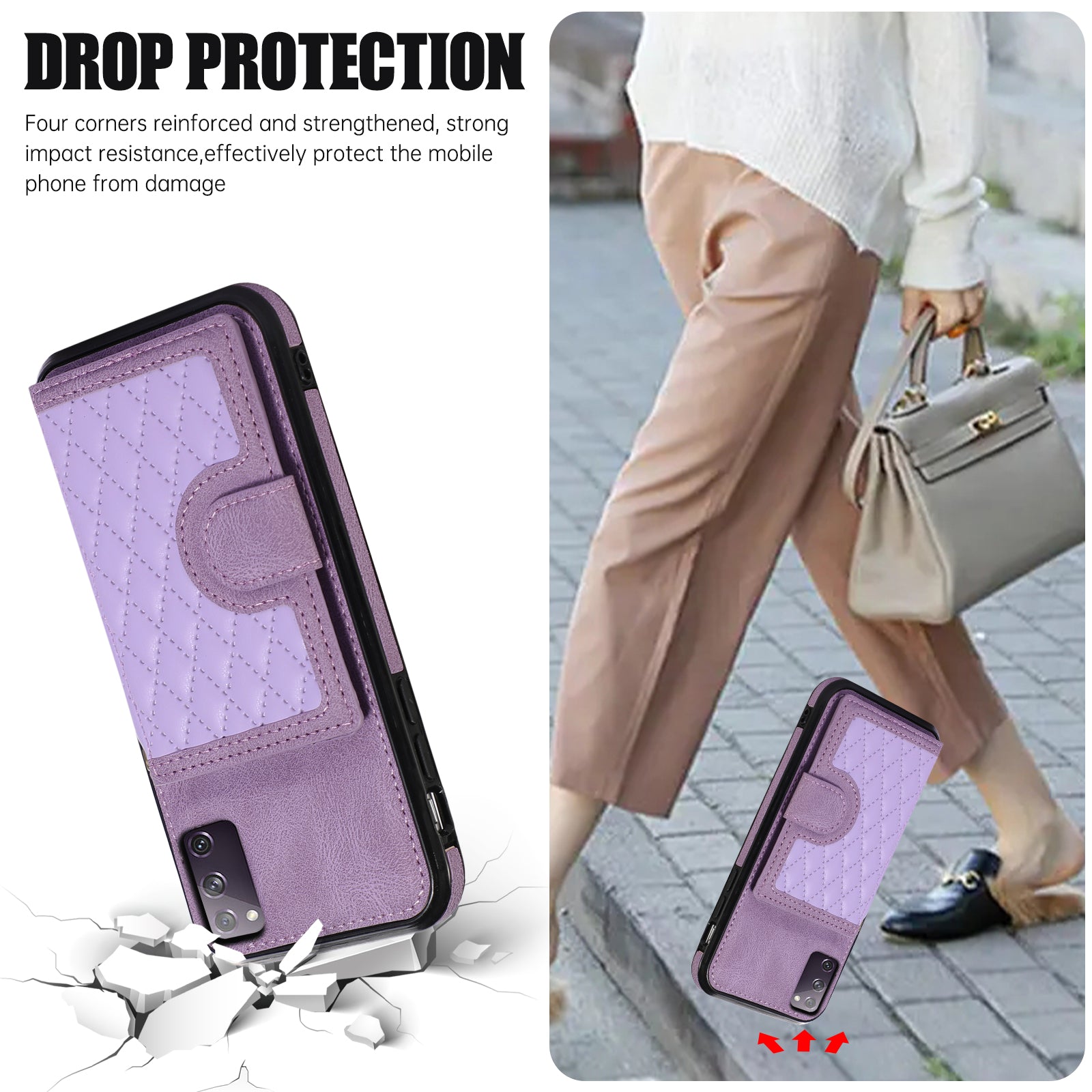 For Samsung Galaxy S20 4G / 5G Card Holder Phone Case TPU+PU Leather Kickstand Phone Cover - Purple