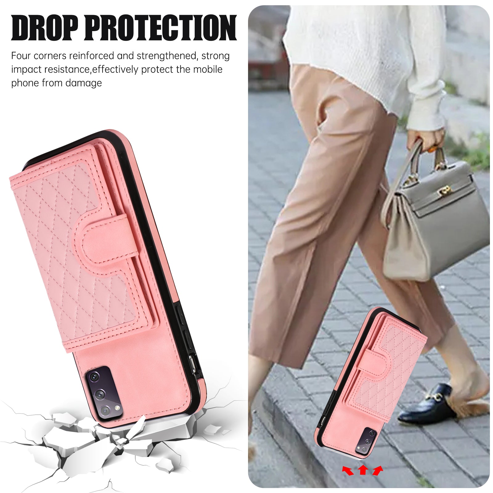 For Samsung Galaxy S20 4G / 5G Card Holder Phone Case TPU+PU Leather Kickstand Phone Cover - Rose Gold